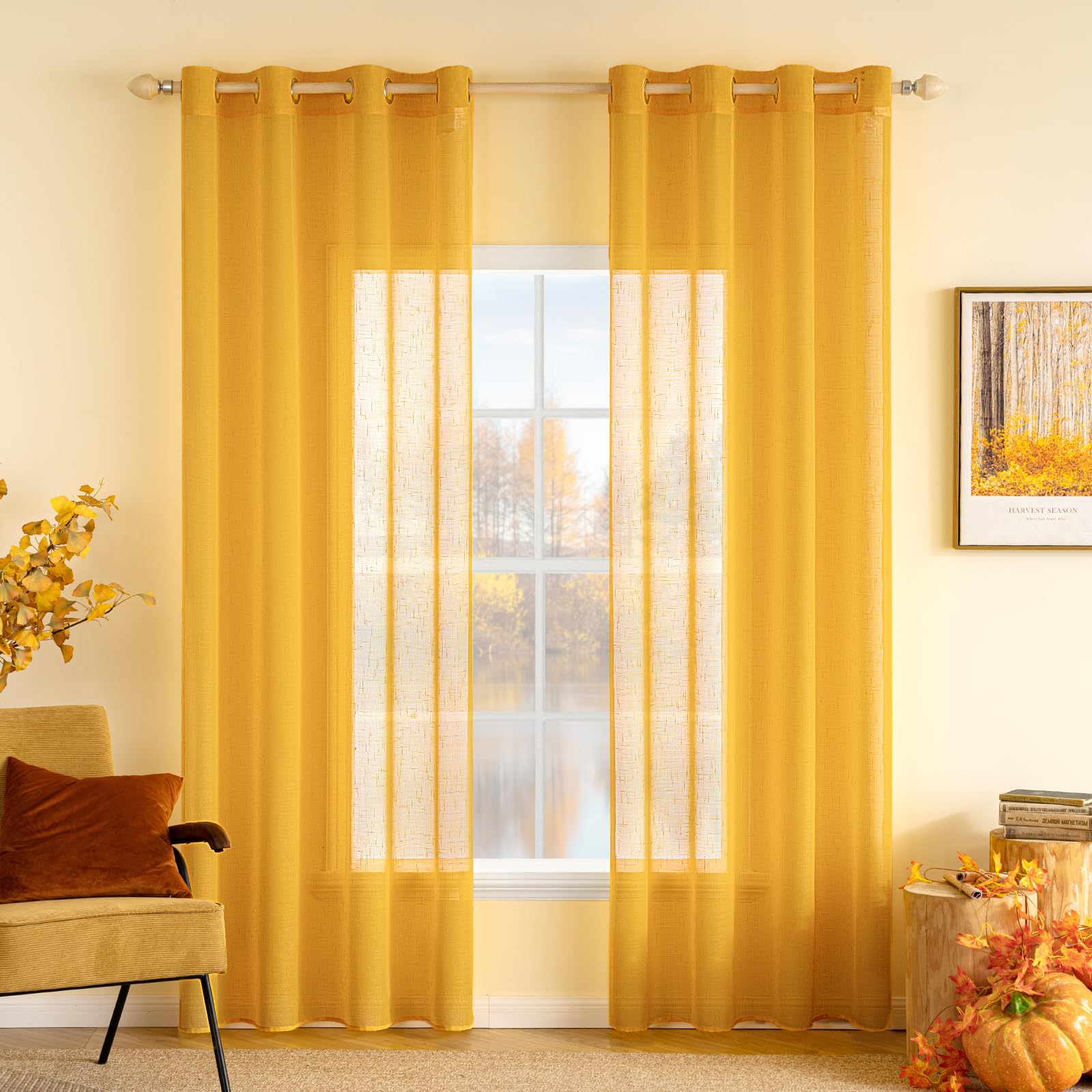 Tende Trasparenti Ricamate Gialle 240 Cm - Effetto Lino, 2 Pannelli Con Occhielli, Motivo Foglie Ginkgo Per Soggiorno E Camera Da Letto - 3