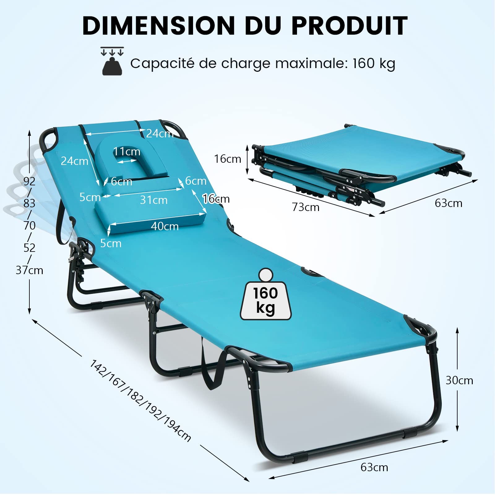 COSTWAY Chaise Longue Pliante, Bain de Soleil Réglable à 5 Positions, Charge 150kg, Trou pour Visage, 3 Coussins Amovible, Tissu Oxford, Sangle, Transat Jardin Exterieur pour Plage Piscine(Turquoise)