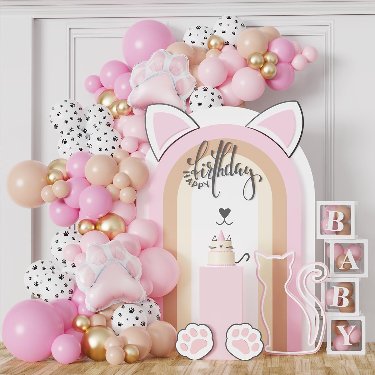 DUBEDAT Cat Theme Birthday Party Pink Nude Blush Powder Metallic Gold Paw print Balloons with Big Cat Paw Balloon For Cat Party Pet Animal Birthday Party Baby Shower Decorations Supplies