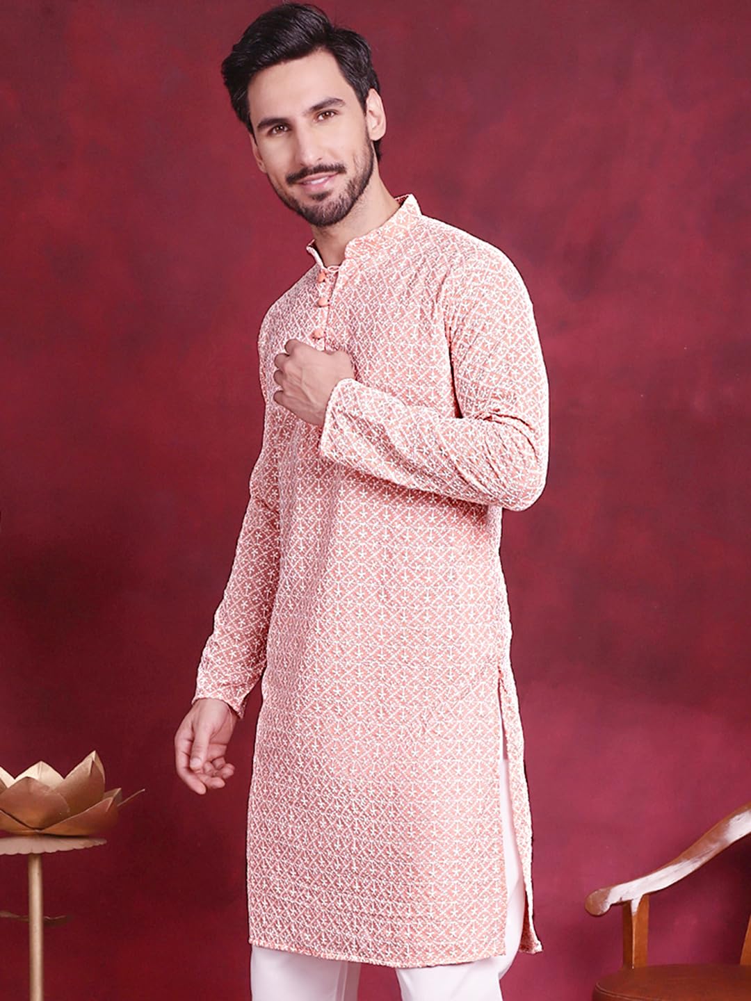 Jompers Chikankari Embroidered Kurtas For Men (Orange, M)