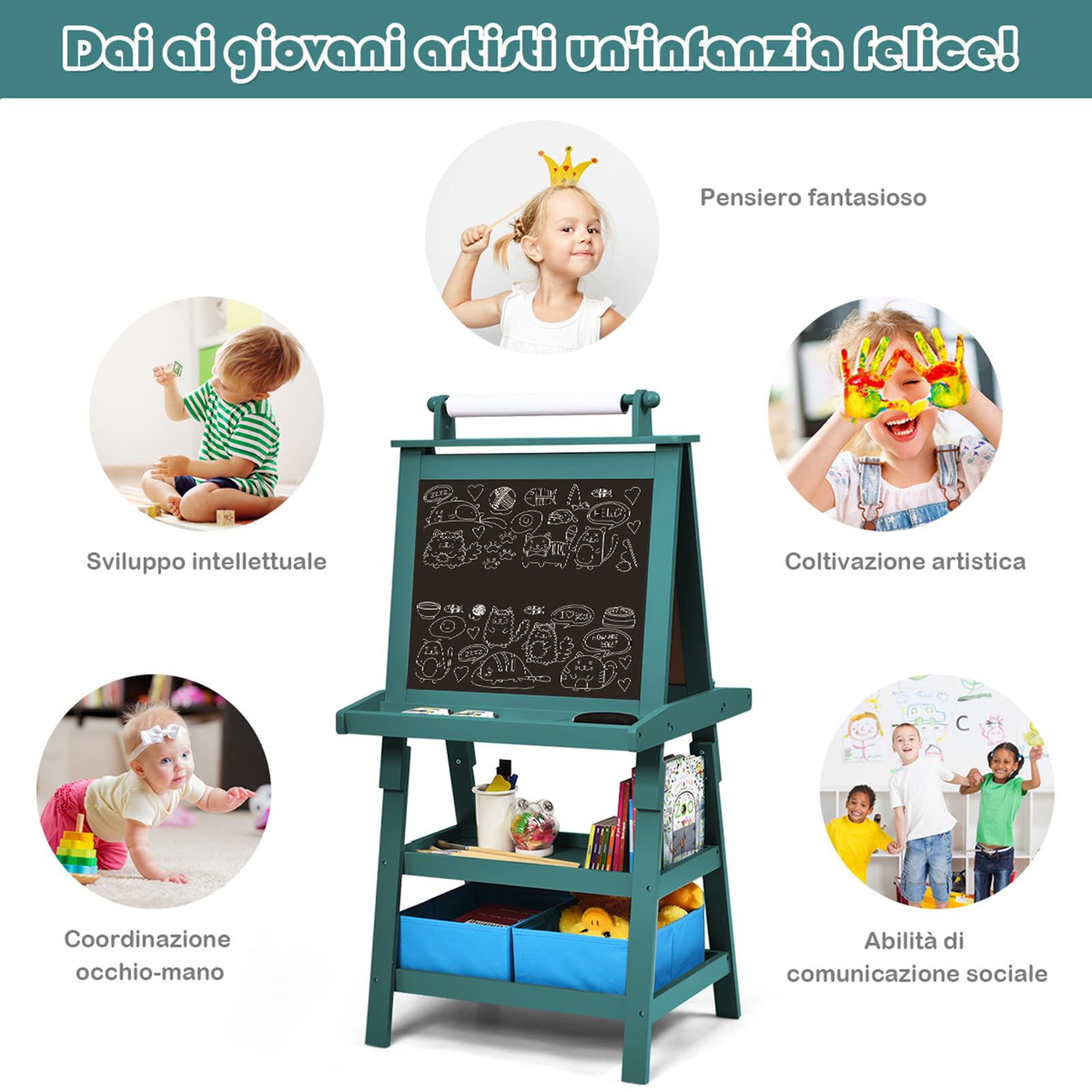 COSTWAY 3 in 1 Cavalletto per Bambini con Doppia Faccia, Cavalletto per Disegno con 2 Vassoi e 2 Scatole, Lavagna Bambini in Legno (Blu)