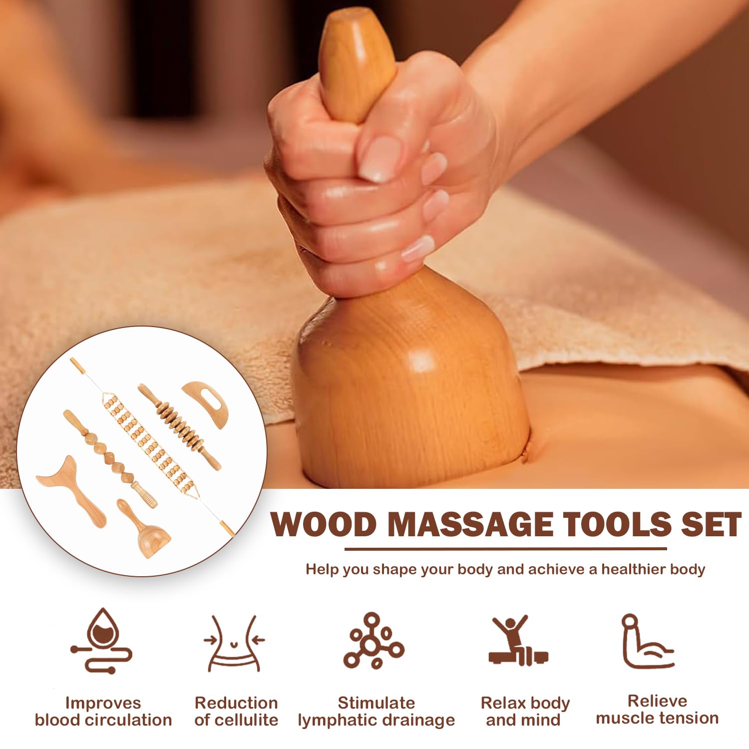 6 Stück Massageroller Holz, Faszienrolle Holz, Anti Cellulite Massage, Faszienstab, Hölzernes Gua Sha-Brett, Massage Set für Körperformung, Lymphdrainage, Muskelschmerzlinderung, Anti Cellulite