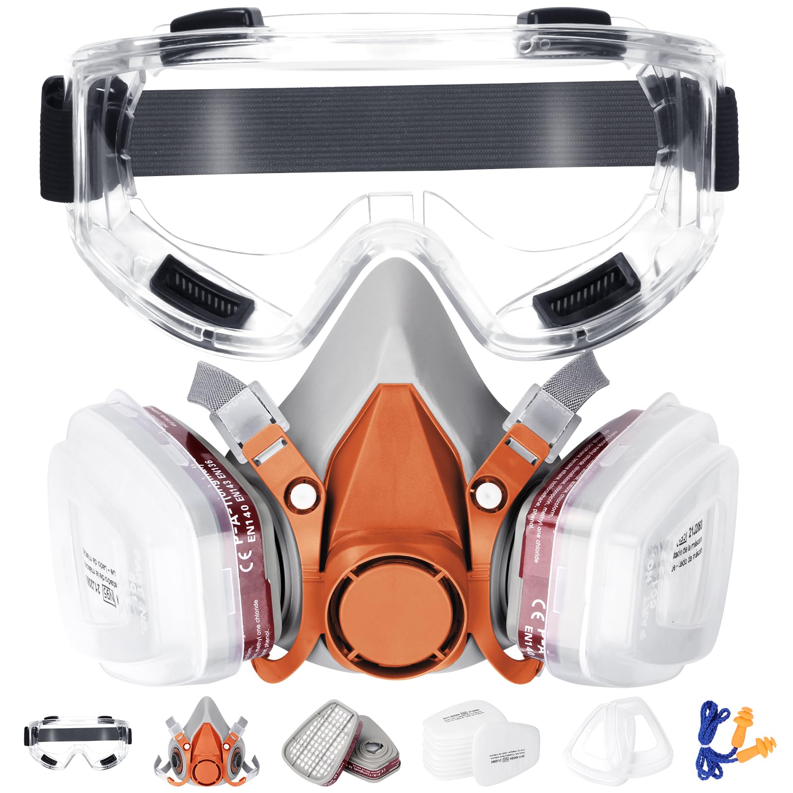 Bryze 6200 Reusable Dustproof Active Carbon Respirator Mask with Gas Mask Filter & Goggles, 18 Accessories, Reusable Face Mask for Dust, Formaldehyde, Painting, Welding & Polishing, (Orange)