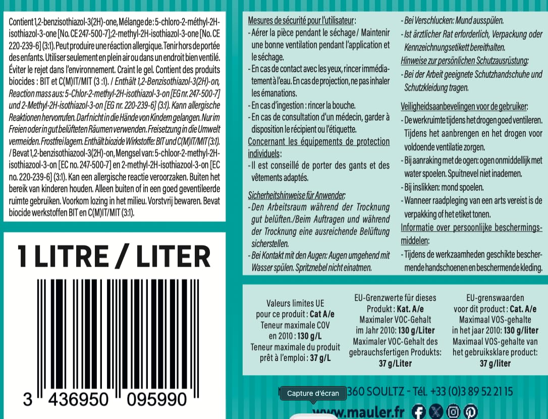 1919 by MAULER Klarlack 1L Farblos Seidenmatt Le Supreme Küche, Bad, Möbel - ECOLABEL & Lebensmittelecht. Extremer Schutz Flecken & Kratzer