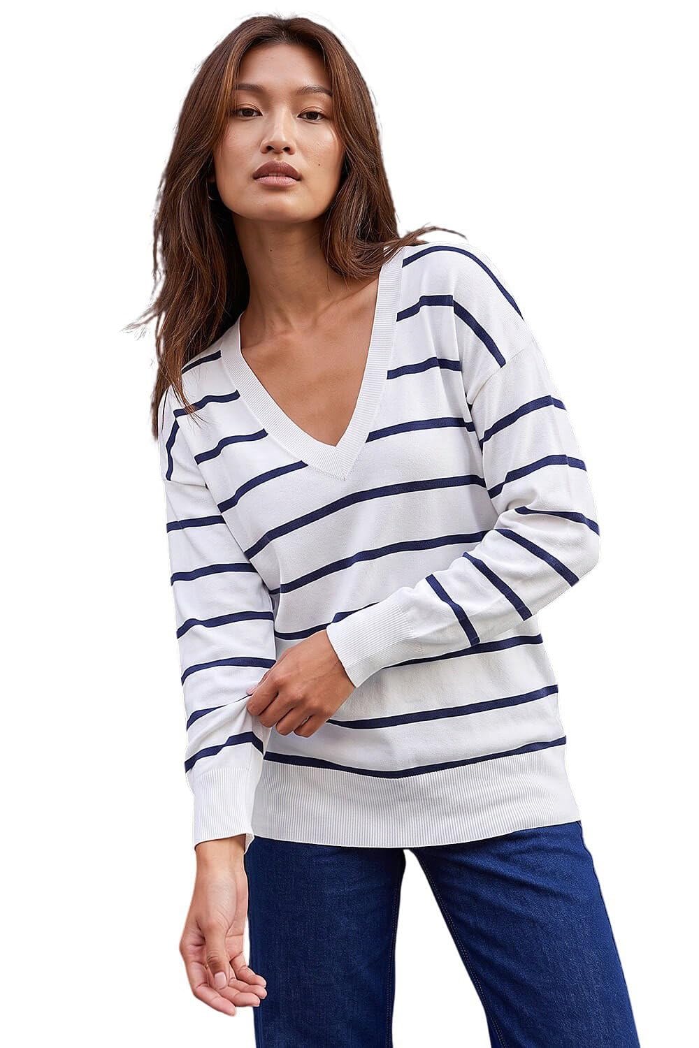 Roman V-Neck Jumper for Women UK Ladies Boyfriend Fit Slouch Sweater Winter Autumn Textured Casual Flattering Knit Pullover Knitwear Daywear Lightweight Lounge