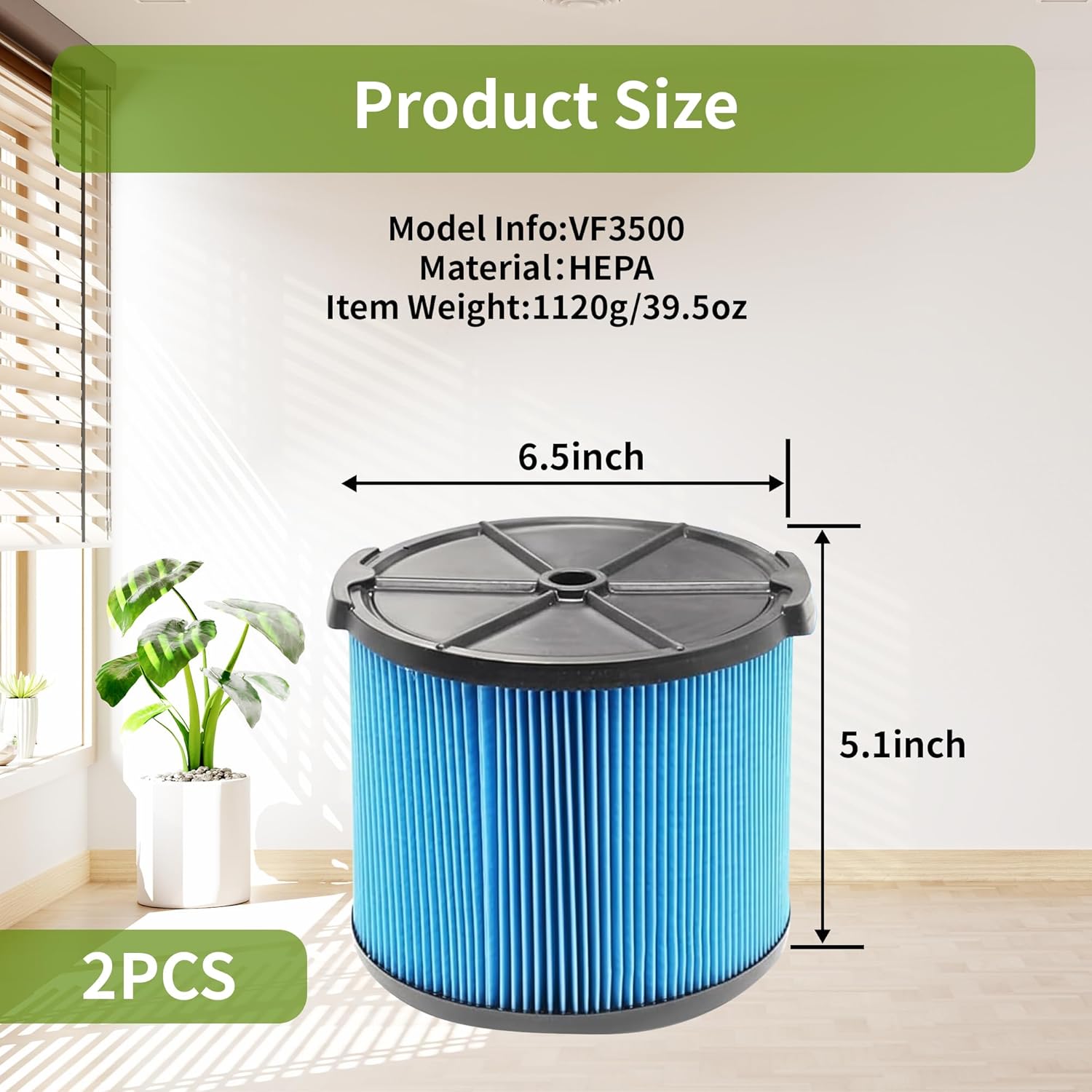 2 Pack Wet Dry Vac Filter VF3500 3 Layer Fine Filter, Half Height Replacement V3500 Filter for 3-4.5 Gallon Vacs WD3050 WD4050 WD4070 WD4522 4000RV 4500RV