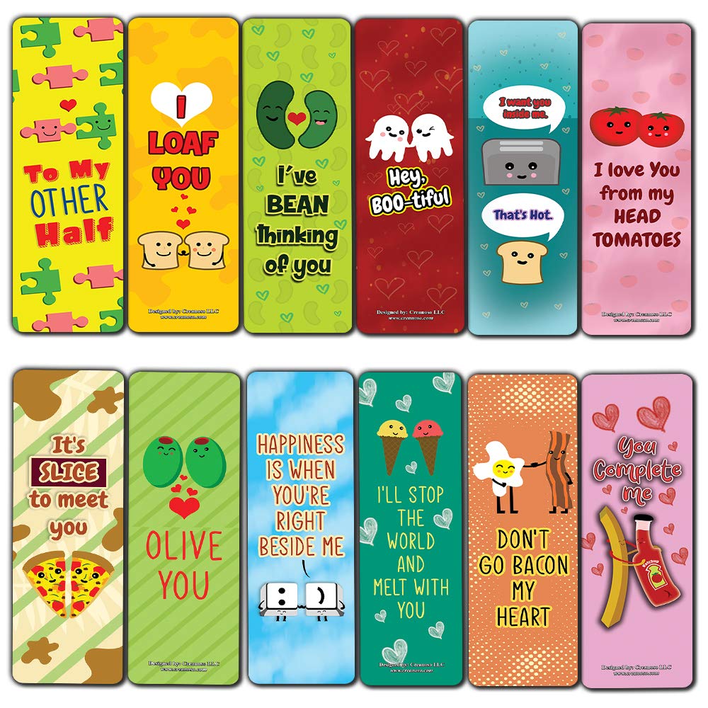 Creanoso Funny Puns for Couples Bookmarks (12-Pack) - Unique Teacher Stocking Stuffers Gifts for Boys, Girls, Teens, Book Reading Clippers