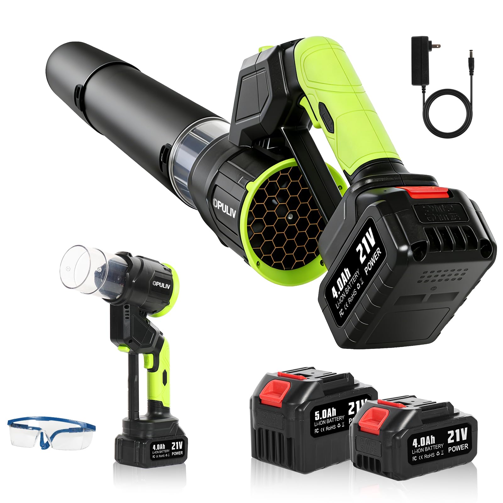 Soplador de hojas inalámbrico, soplador de hojas eléctrico inalámbrico con 2 baterías y cargador, 4 velocidades de viento, 2 modos de mano, batería de 4.0/5.0 AH, sopladores ligeros para