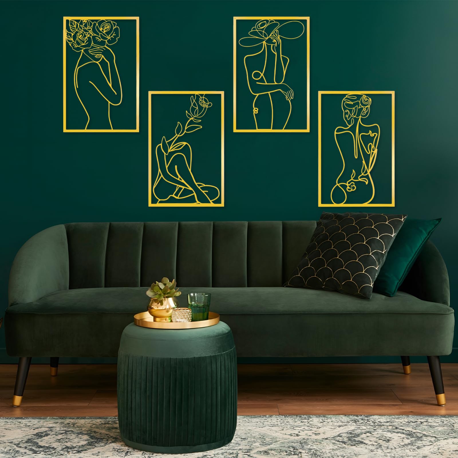 WATUNID 4 piezas de decoración de pared de metal, minimalista, abstracto, decoración de pared de metal, arte de una línea, esculturas modernas de pared doradas para colgar para salón, hogar,