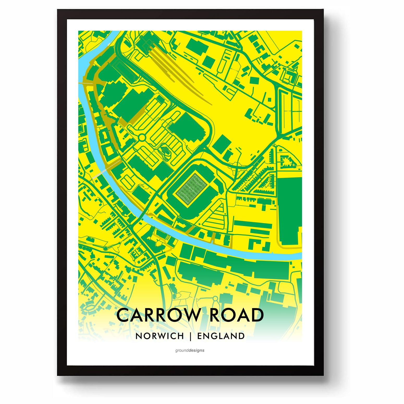 Grounddesigns Men's Yellow And Green Norwich City Fc Football Gift Carrow Road Stadium Art Map Unframed A3 Print Ncfc
