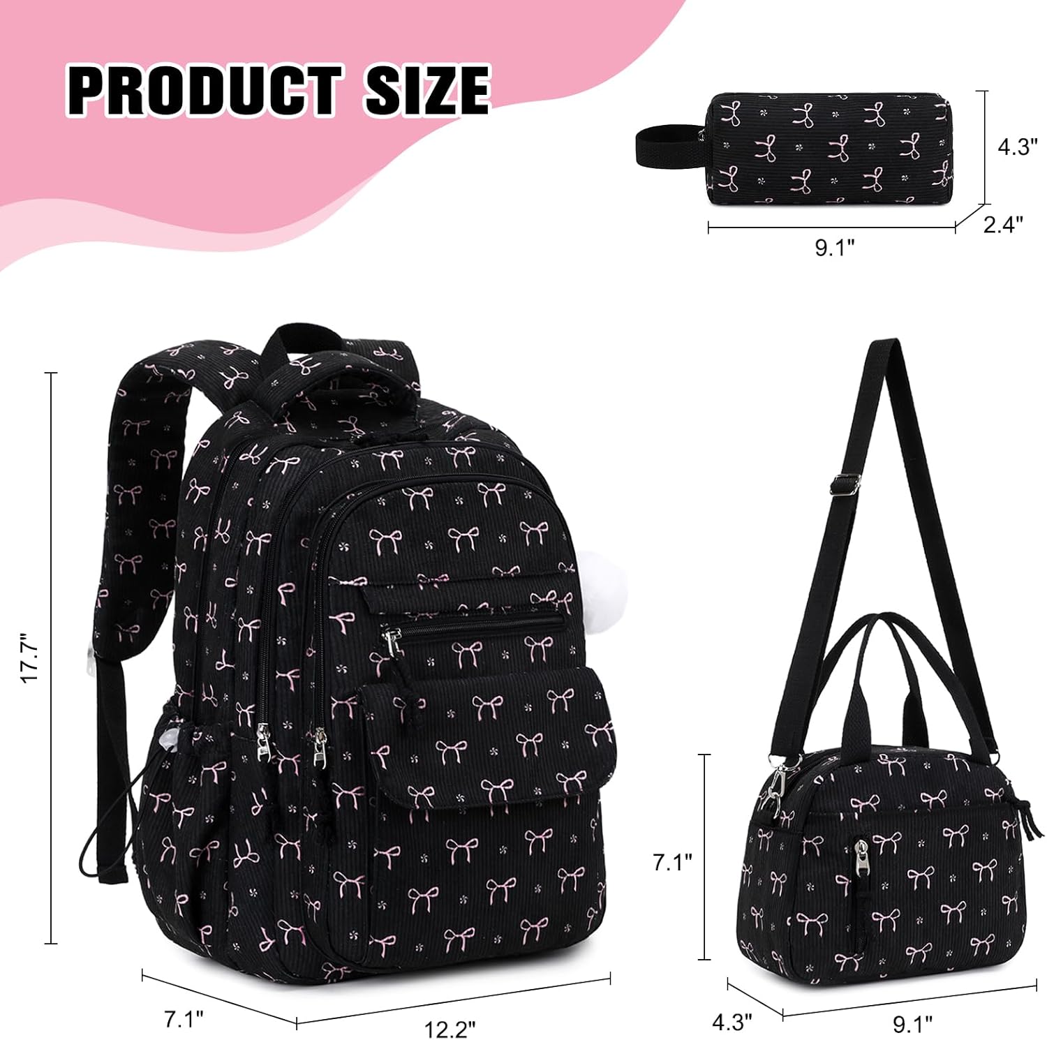 Bevalsa Backpack for Gilrs, 3PCS Corduroy Kids Backpack Set with Lunch Box & Pencil Pouch, Bookbag Daypack Laptop Bag for Women Teens Elementary Middle High School - Image 2