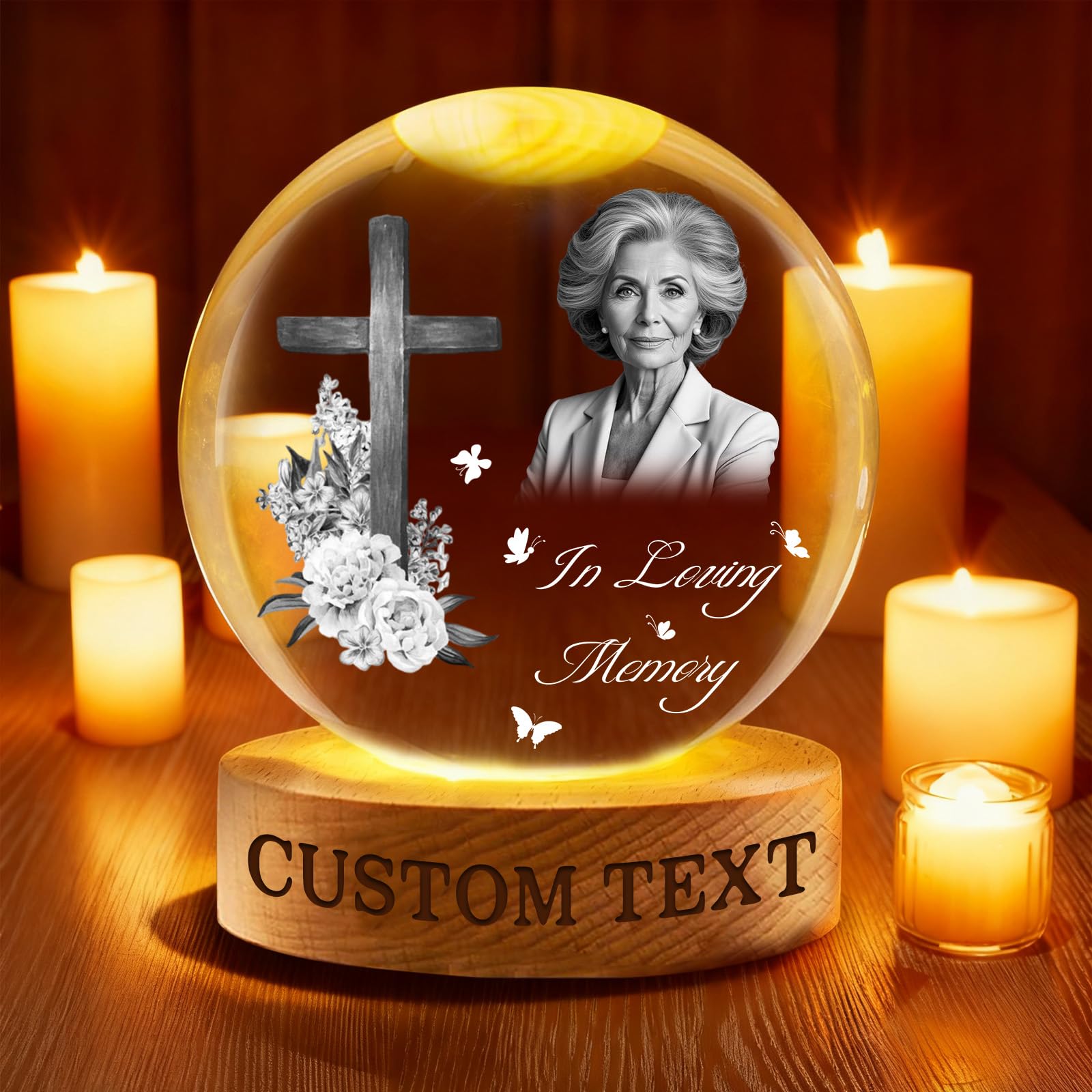Fkf Custom Ball Personalized Memorial Crystal Ball Night Light, Custom Photo Memory Globe Lamp Laser Engraved Keepsake With Wooden Base For Loss Of Loved Ones, Pet, Mom, Dad, Bereavement Gift (Custom Ball)