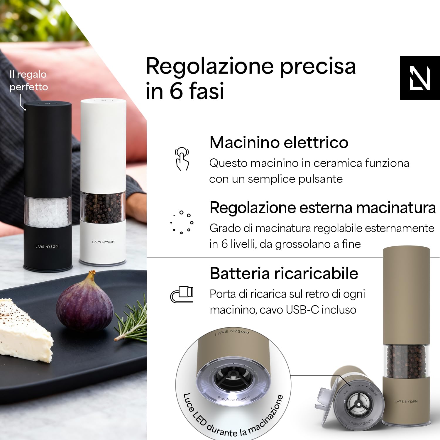 LARS NYSØM Macina Sale e Pepe Elettrica | Set di Macinapepe Automatici in Acciaio Inox con Macinino in Ceramica Regolabile | Set Macinaspezie Ricaricabili USB con Luce LED (Taupe Brown)