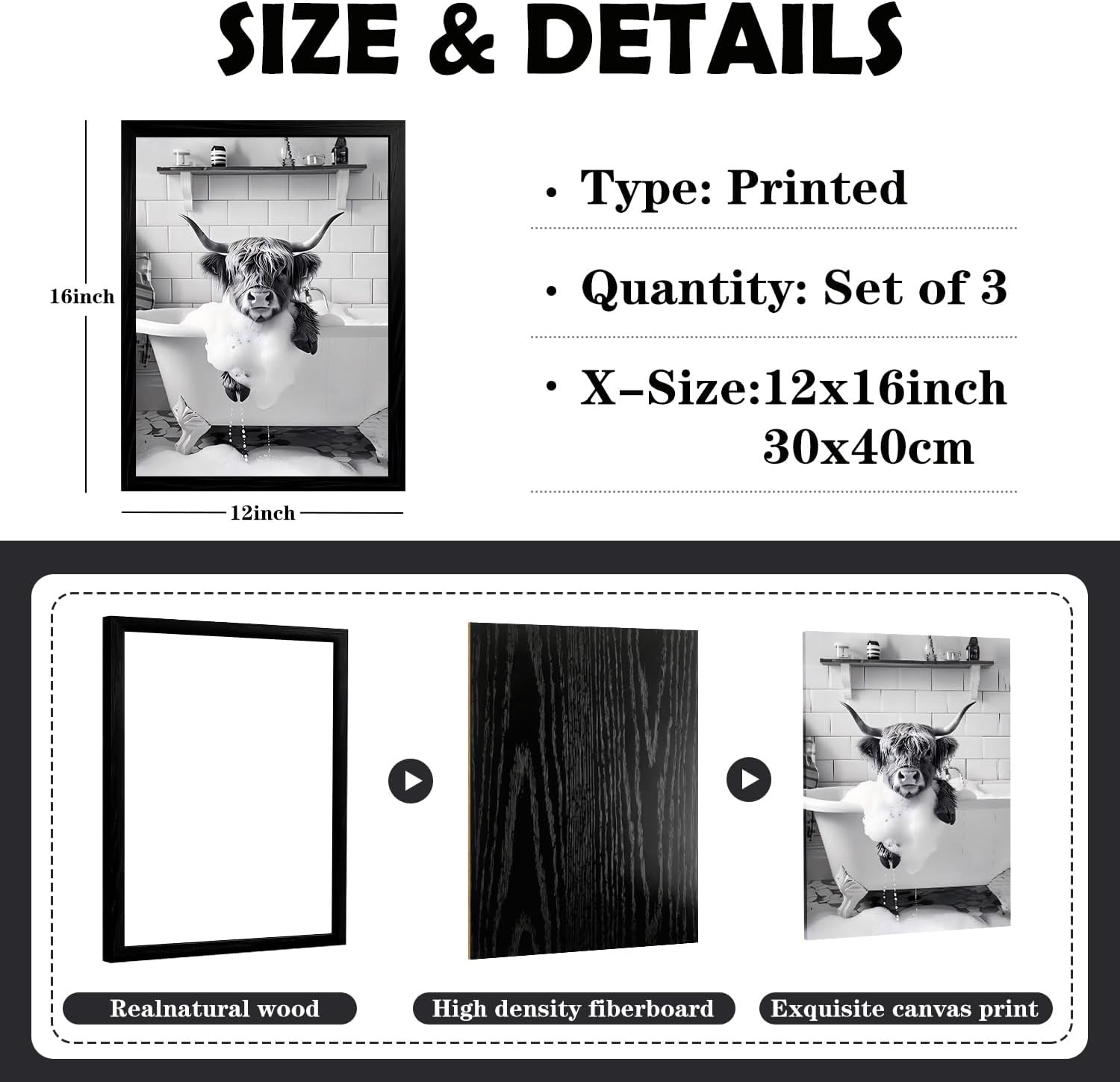 NCCXNCC 3-Pcs Black-Framed highland cow Bathroom wall art Fun Animals Wall Decor Paintings Black and White Animal Pictures Print fo Rustic Vintage Farmhouse Bathroom and Toilet Decor 12X16 Inch