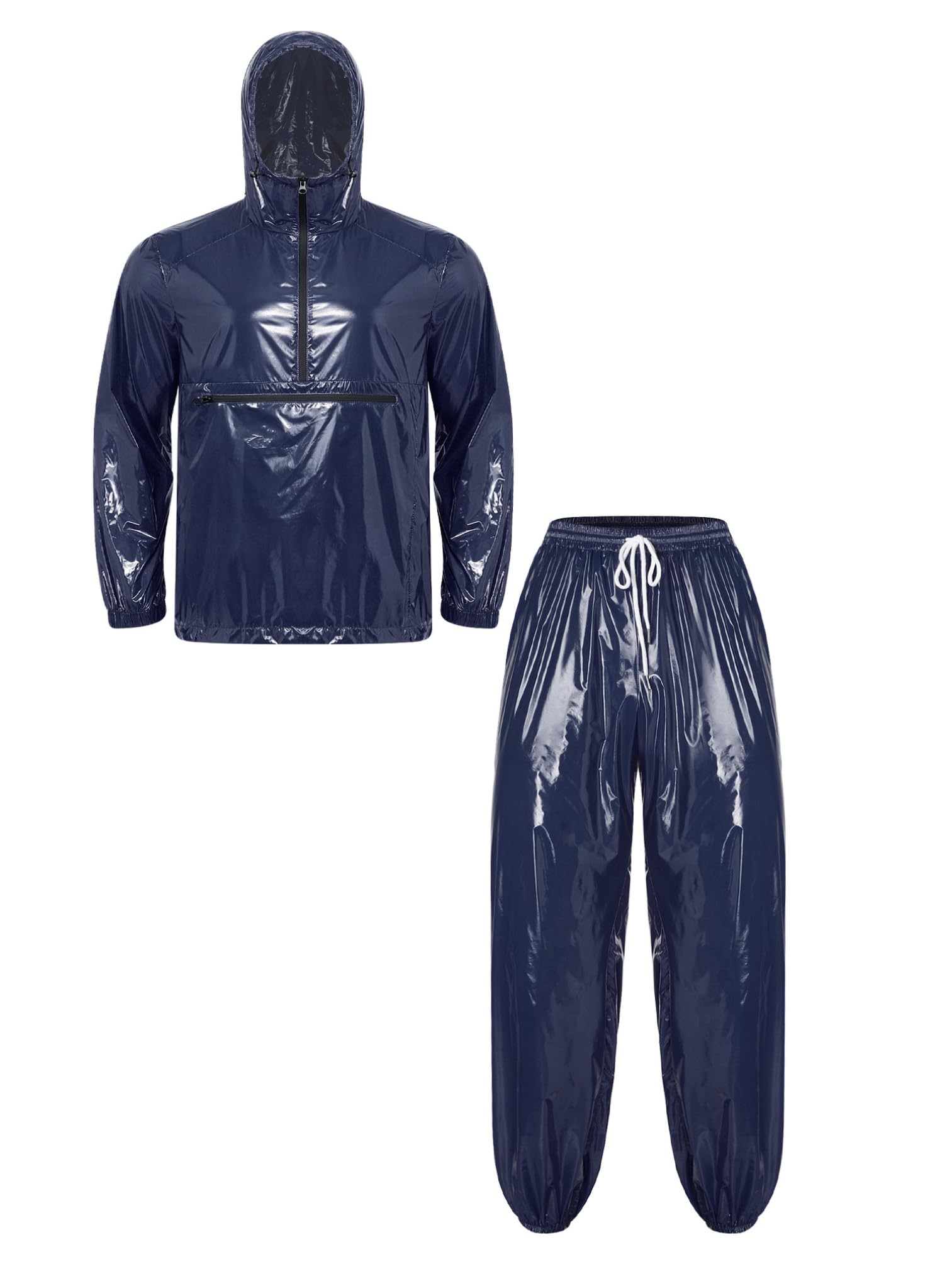Agoky Herren Metallic Trainingsanzug Lack Leder Sportanzug Jogginganzug Langarm Sweatshirt mit Kapuze Reißverschluss + Sport Hose Jogger Pants Clubwear