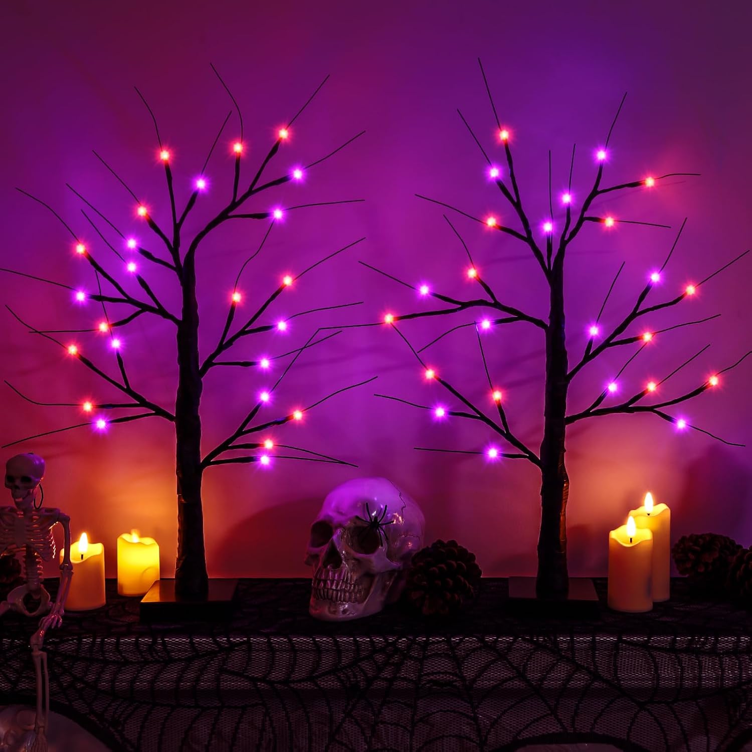 Halloween Decorations Indoor - 2 Pack 24 Inch Halloween Spooky Tree with Lights, Light Up Tabletop Black Tree Decor for Home Party Style 02