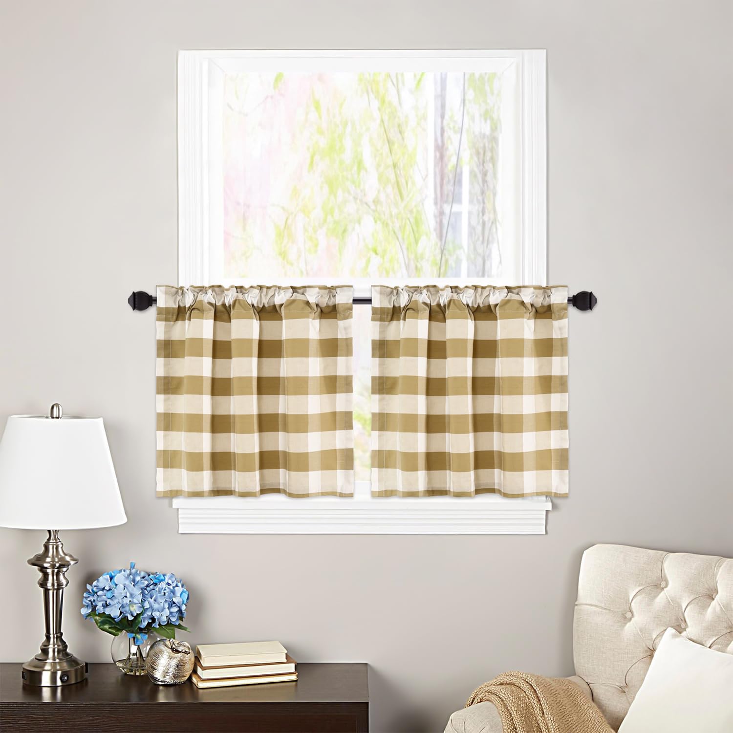 VOGOL Set of 2 Short Tiered Window Curtains with Rod Pocket for Bathroom, Living Room, Small Kitchen Window, Vintage Beige and White Checked Pattern, 76.2 x 61 cm — image 1