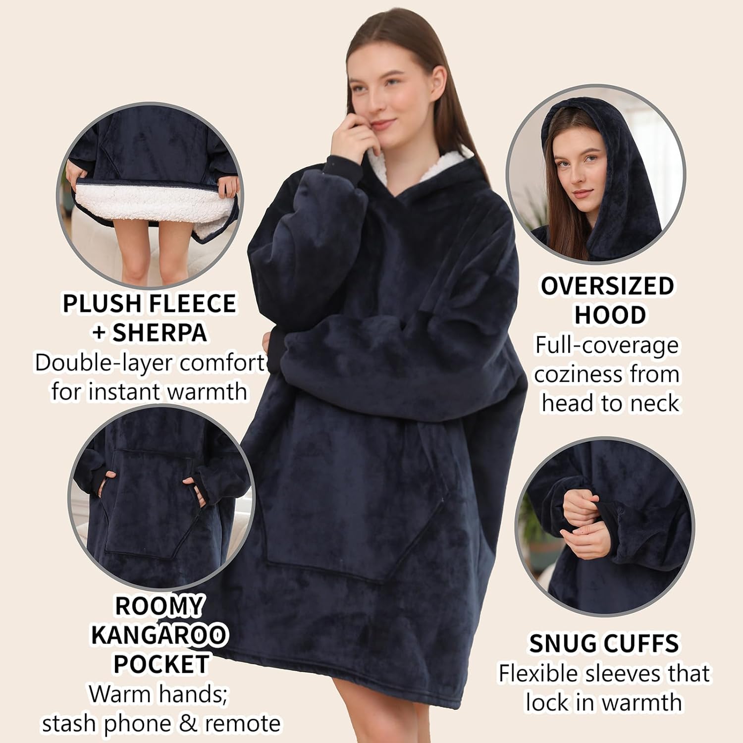 ZhangShi Wearable Blanket Hoodie, Oversized Sherpa Fleece Sweatshirt Blanket with Giant Hood Pocket and Sleeves for Adult - Image 4