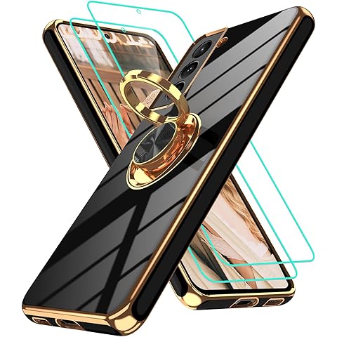 for Samsung Galaxy S21 Case: with 2Pcs Screen Protector, 360° Rotation Ring Holder Magnetic Kickstand Plating Gold Edge Soft TPU Shockproof Protective Cover for S21, Black
