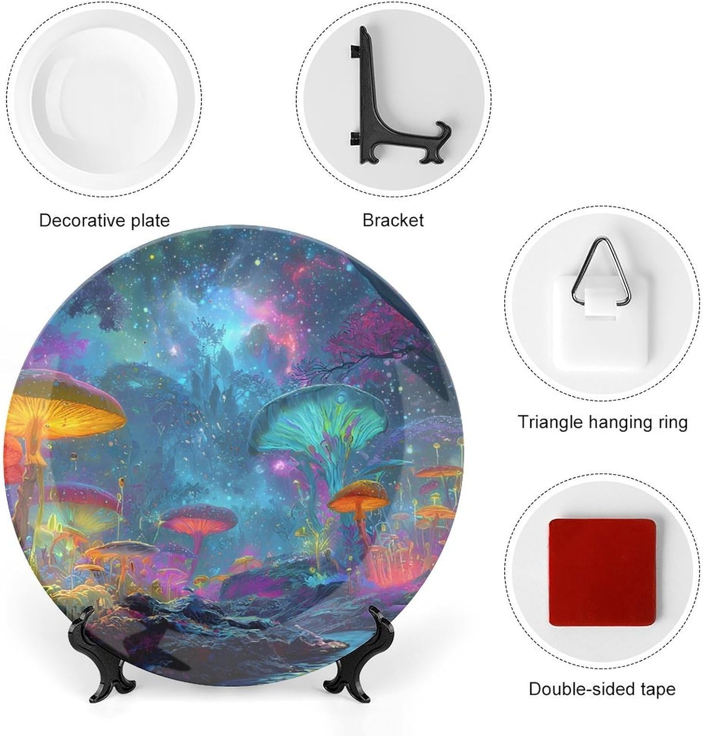 Psychedelic Mushroom Forests Universes Decorative Plates for Display Ceramic Plate Tray with Stand Hanger Home Decor