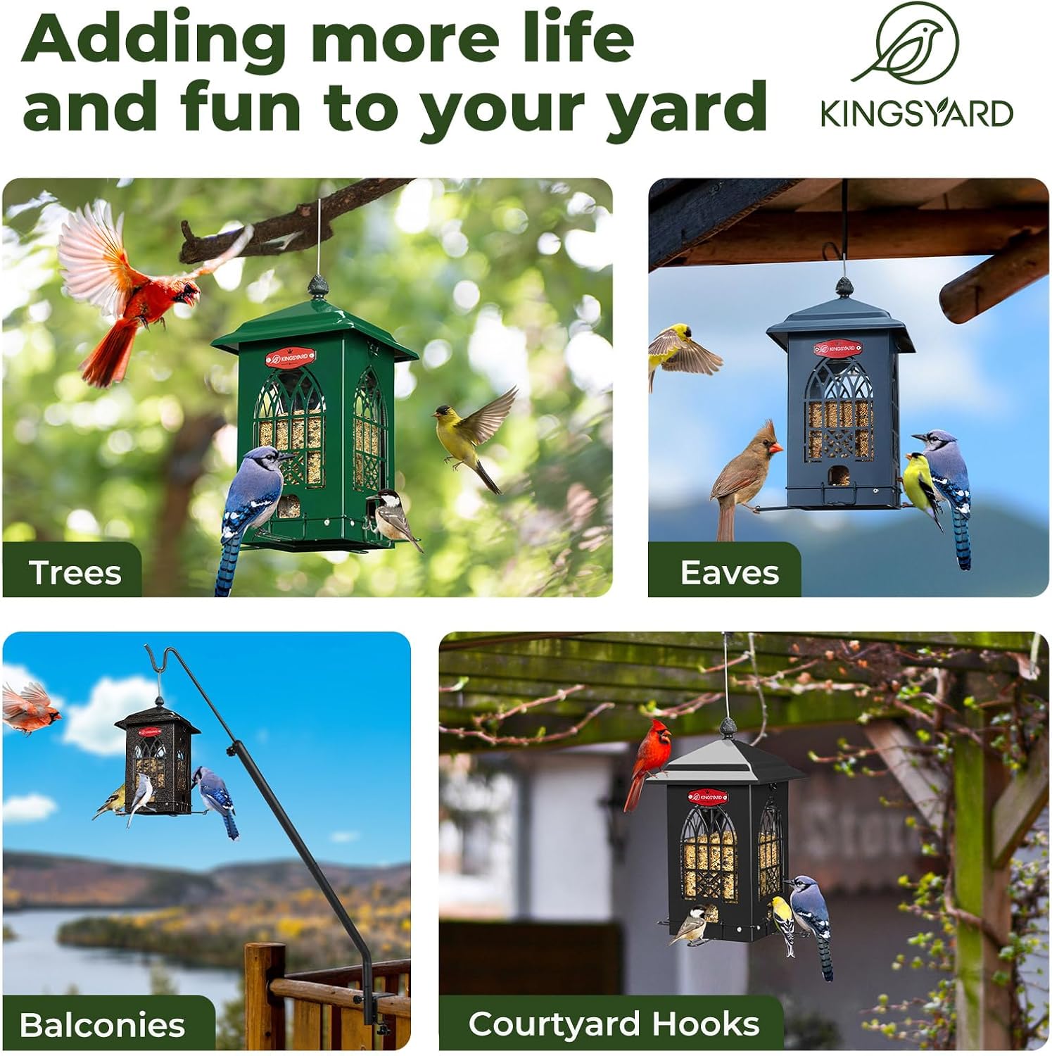 Kingsyard Squirrel Proof Bird Feeders for Outdoors with Weight-Activated Perches, 5 Lbs Capacity Large Metal Bird Feeder House for Small Wildbirds Cardinal Finch Bluebird, Weatherproof, Sequin Black