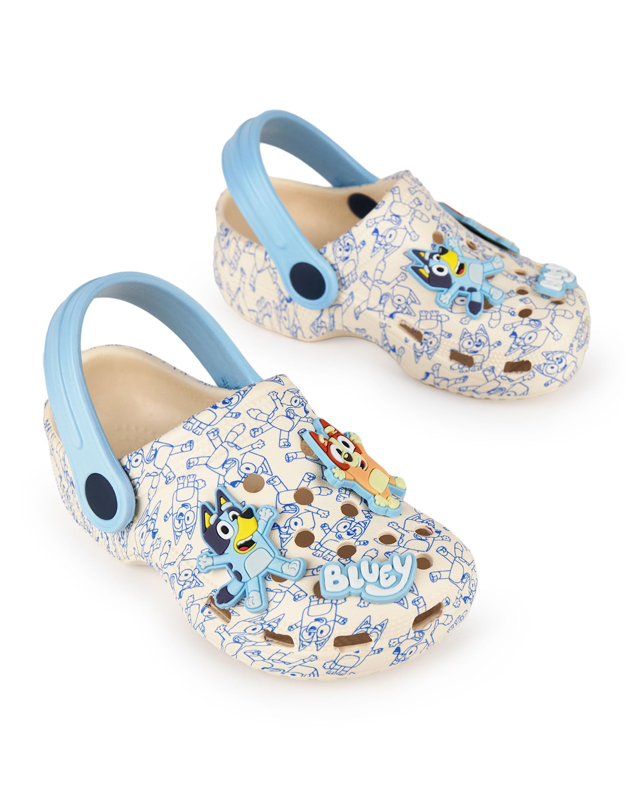 BlueY Zoccoli per Ragazzi | Calzature Slip-on per Bambini con ciondoli a Forma di Cucciolo in Marrone Chiaro e Blu | Sandali con Stampa Integrale per Interni ed Esterni e Cinturino Regolabile