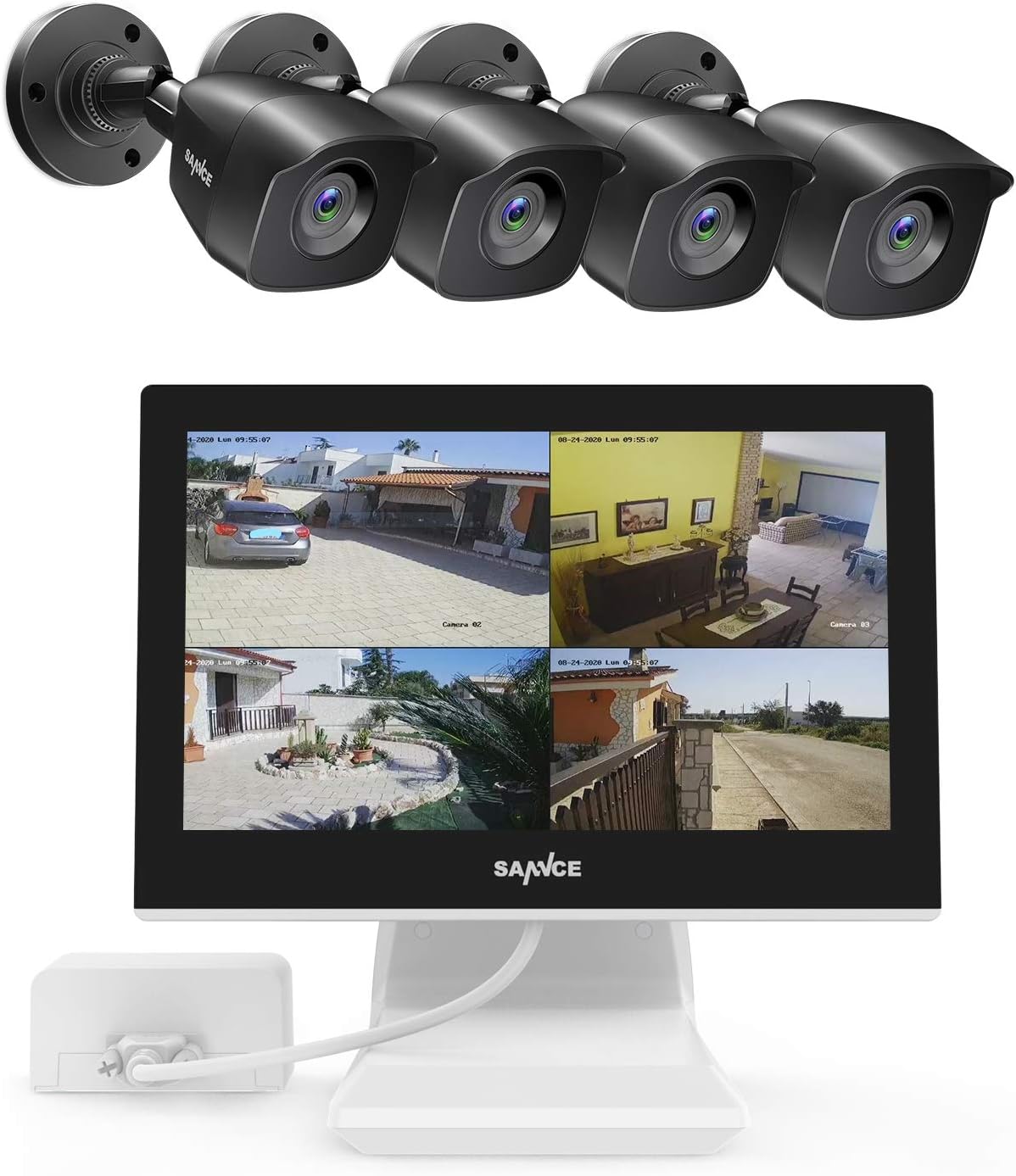 True All-in-One Wired Security Camera System with Built-in 10.1 LCD Monitor,SANNCE 4CH 1080P Surveillance DVR Recorder with 4Pcs Metal 100ft Night Vision Cameras, Easy Remote Access (No HDD Included)
