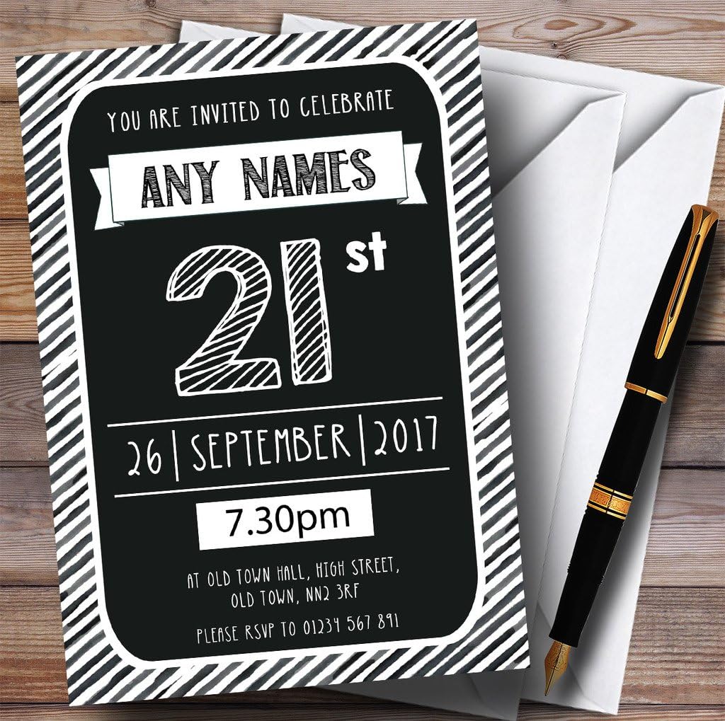 Black & White Stripy Deco 21st Personalized Birthday Party Invitations