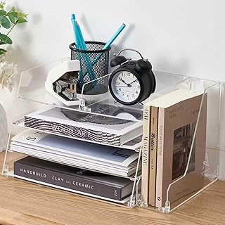 Acrylic Desk Organizer 4-Tier with Vertical File Holder – Durable Letter...