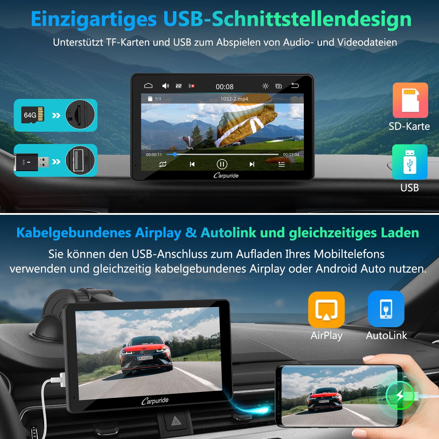 Tragbarer Carplay Bildschirm, Carpuride V3R Kabelloses Airplay&Android Auto, 7 Zoll 1080P HD-Touchscreen mit echter 720P-Rückfahrkamera/BT 5.0/Mirror Link/USB-Wiedergabe/Rauschunterdrückungs-Chip AUX