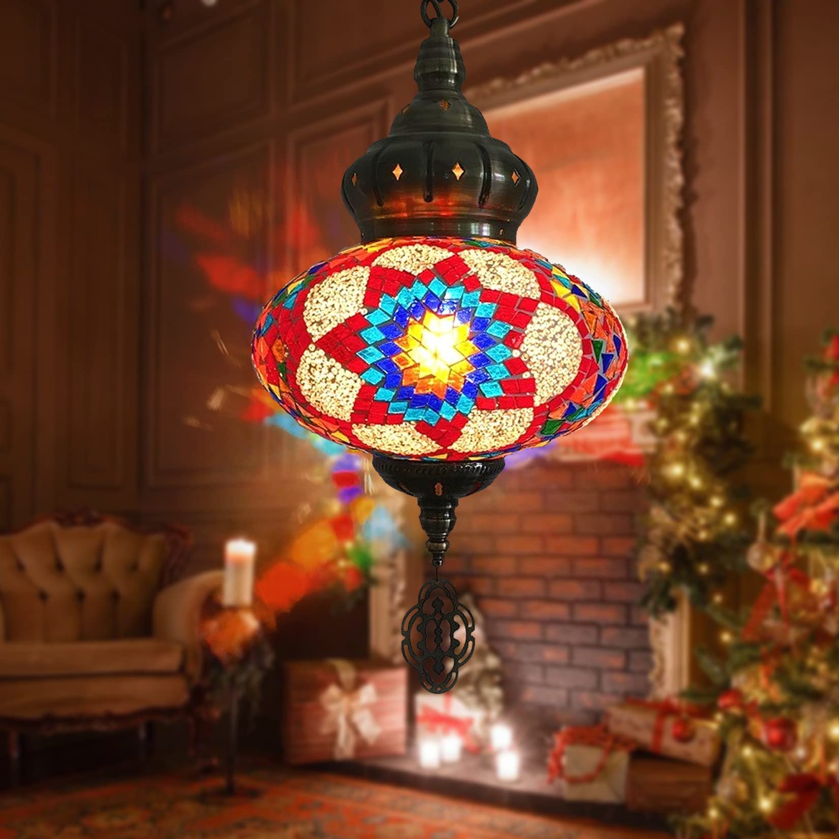 BOTOWI (12 Colors) Hanging Ceiling Mosaic Lamp Light Chandelier, Turkish Moroccan Pendant Lights, Multicolor Decorative Colorful Glass Globe Fixtures Living Room Bedroom Home Decor,color E