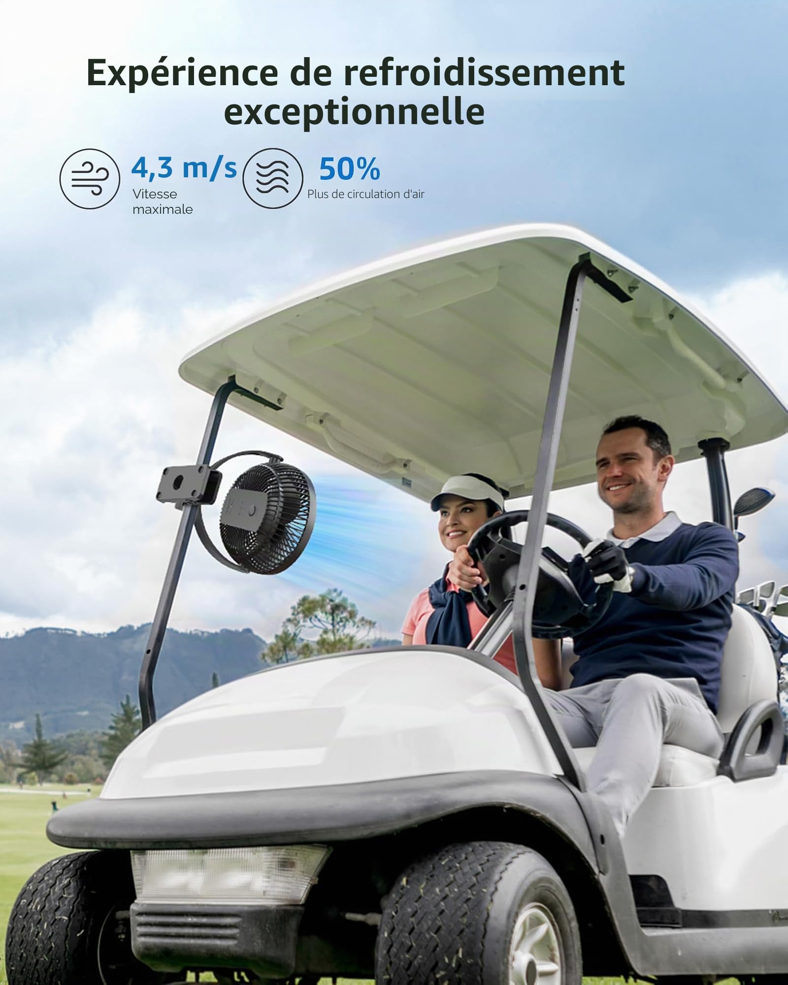 Koonie Ventilateur à Clip à Piles 10000 mAh 20CM, Ventilateur USB portable, 4 Vitesses, débit d'air puissant, Pince Robuste pour Bureau Personnel, Voiture de Golf, Voyage en plein air, Camping (Noir)