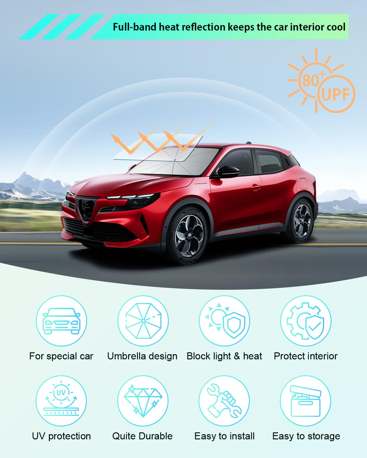 [Upgrade] GAFAT Compatibile con Alfa Romeo Junior Ibrida 2025 2026 2027 Parasole per Parabrezza Anteriore Ispessito, Protezione UV UPF 50+, Scheletro in Fibra Vetro, Meno Pieghe, Piegatura con un Clic