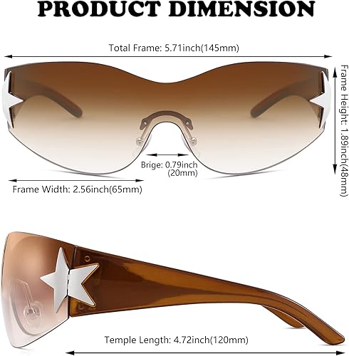 Miniatura 2 de NULOOQ Lentes de sol Y2K sin montura para mujeres y hombres, lentes de sol envolventes con escudo de estrellas de moda de gran tamaño sin marco
