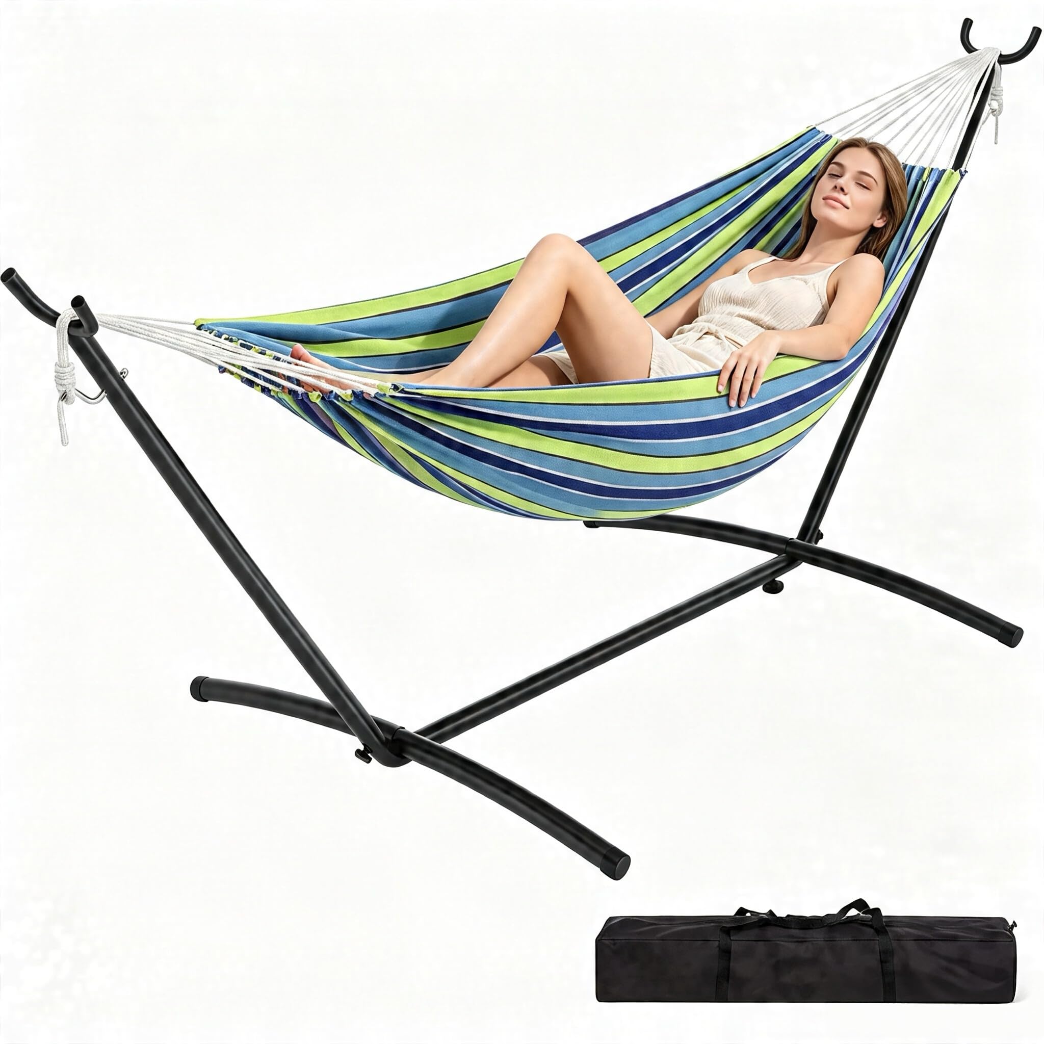 Hamaca doble resistente con estructura de acero – Plegable y portátil – Hasta 227 kg – Comodidad de poliéster algodón – Para jardín, terraza, camping e interior – Incluye bolsa de transporte – Rayas