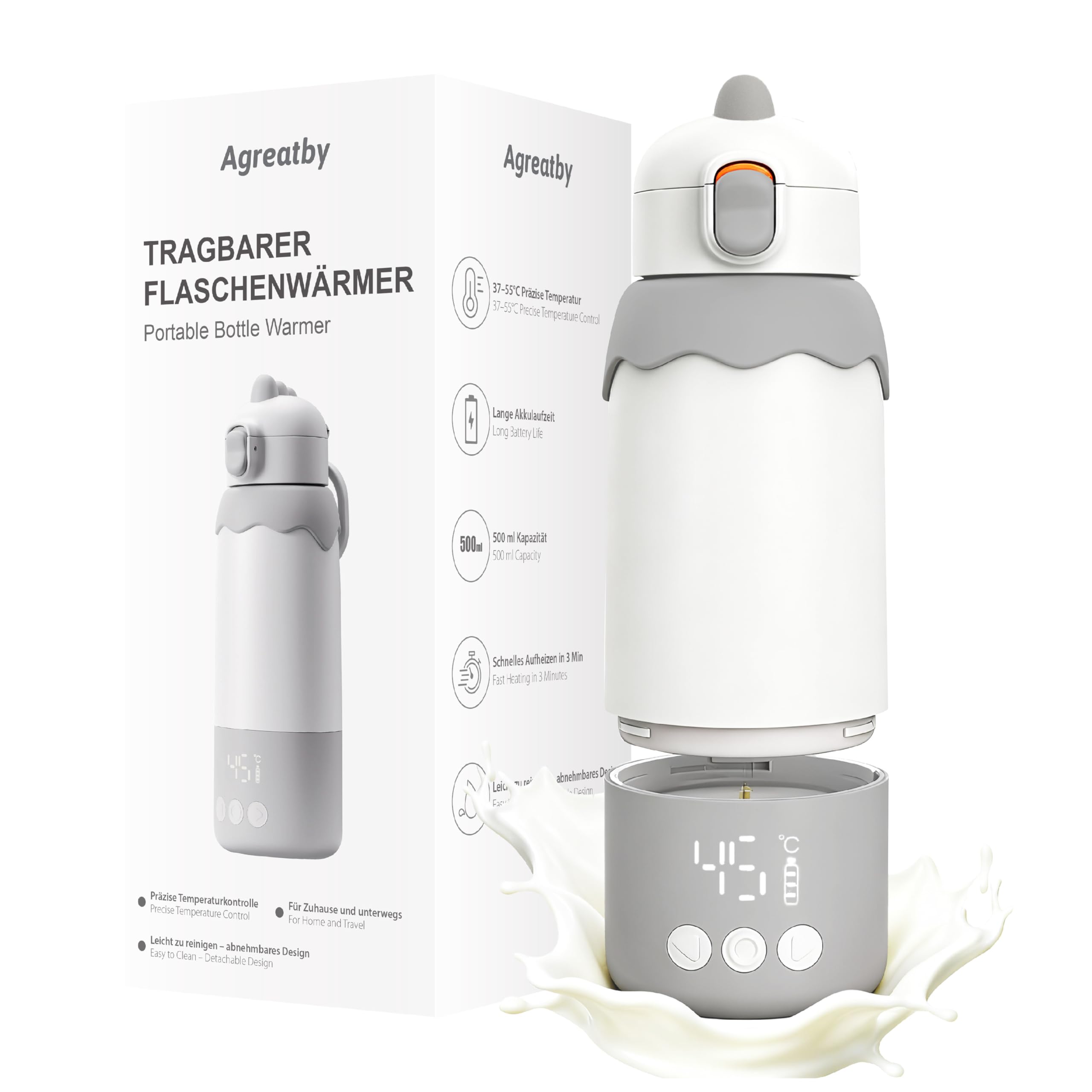 Chauffe Biberon Portable Nomade, 500ml Sans Fil pour Voyage | Température 37-55°C, Acier Inoxydable 316, Batterie 4x2700 mAh, Chauffage Rapide, Gobelet Amovible, Stérilisation Biberon