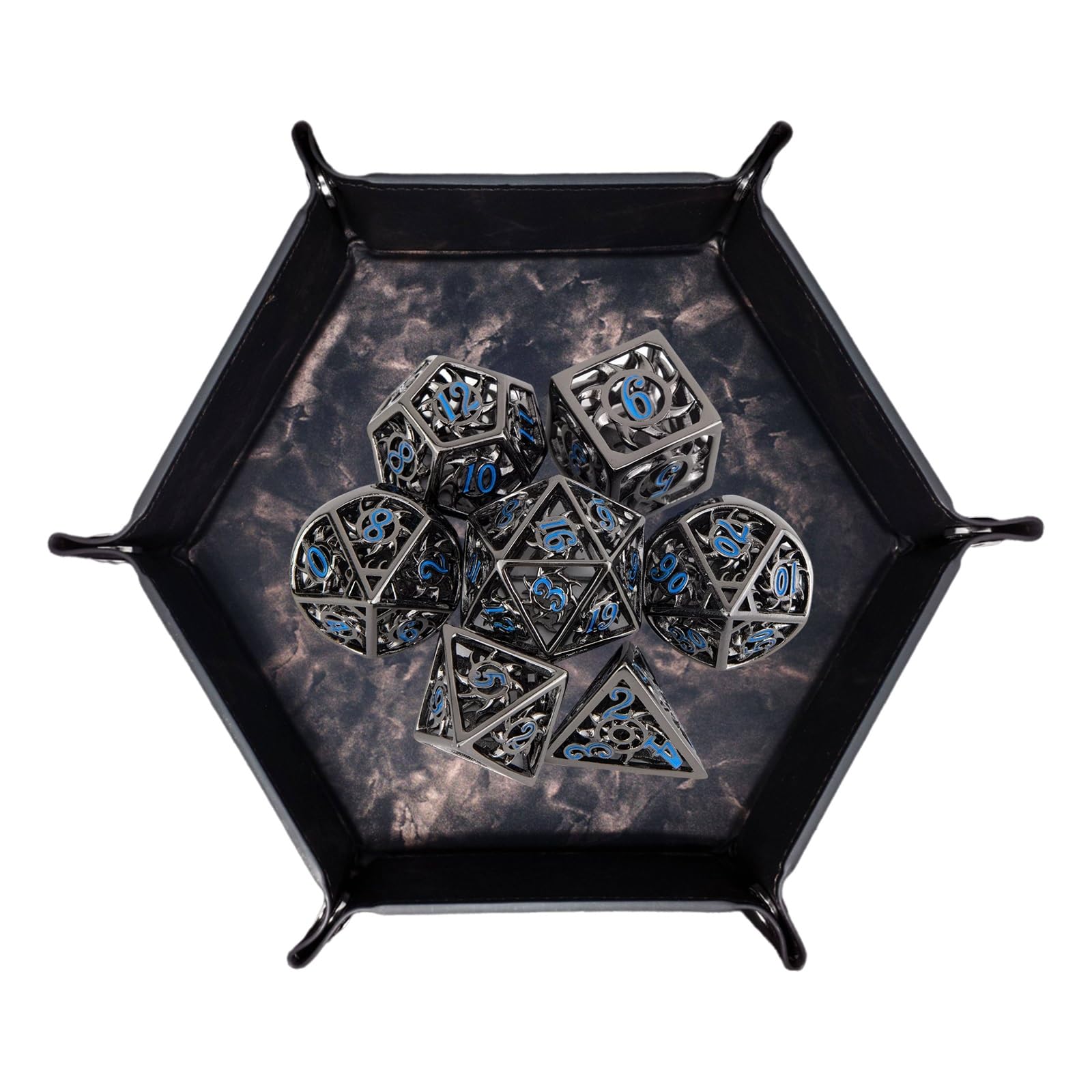 Dés Métalliques à Tornade Noirs et Bleus (7 Pièces), Polyèdres Creux, Compatibles avec Les Jeux de Rôle de Plateau et de Cartes