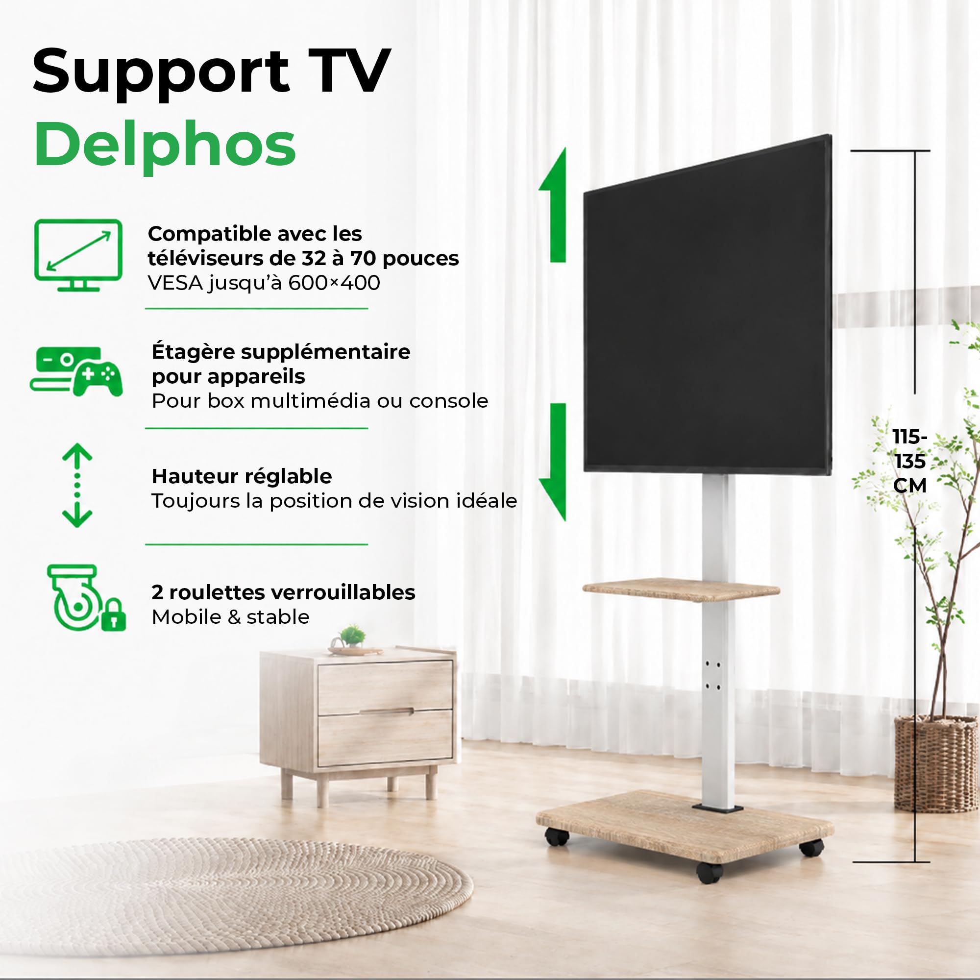 Delphos Support TV Mobile avec Socle en Bois, Meuble TV à roulettes 32-70" jusqu'à 45 kg, Chariot Meuble TV réglable en Hauteur jusqu'à env. 130 cm, Rotatif ±25° Max. VESA 600x400 Blanc