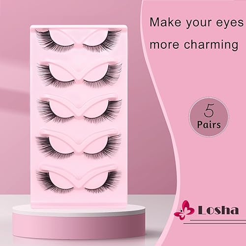 Miniatura 7 de Losha Pestañas postizas cortas y esponjosas, pestañas postizas suaves de visón sintético, paquete de 5 pares de pestañas postizas veganas (ojo de