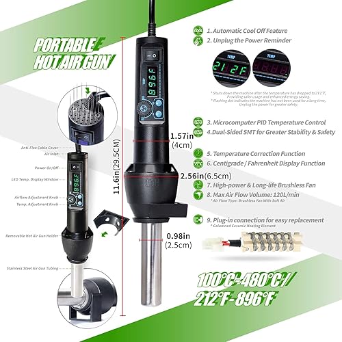 Miniatura 4 de YIHUA Pistola de aire caliente portátil 8858-I y 928D y soldador de temperatura controlable y precisa de 65 W con pantalla digital LED, función de