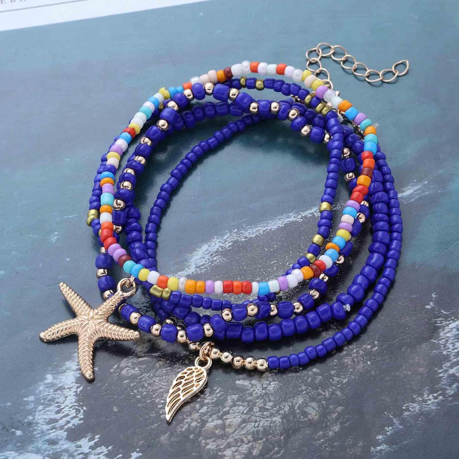 Andelaisi Boho Layered Starfish Dangle Anklet Bracelet Vintage Sea Star Anklet Chain Blue Seed Beads Foot Chain Multilayered Summer Beach Link Bracelet Jewelry for Women - Image 3