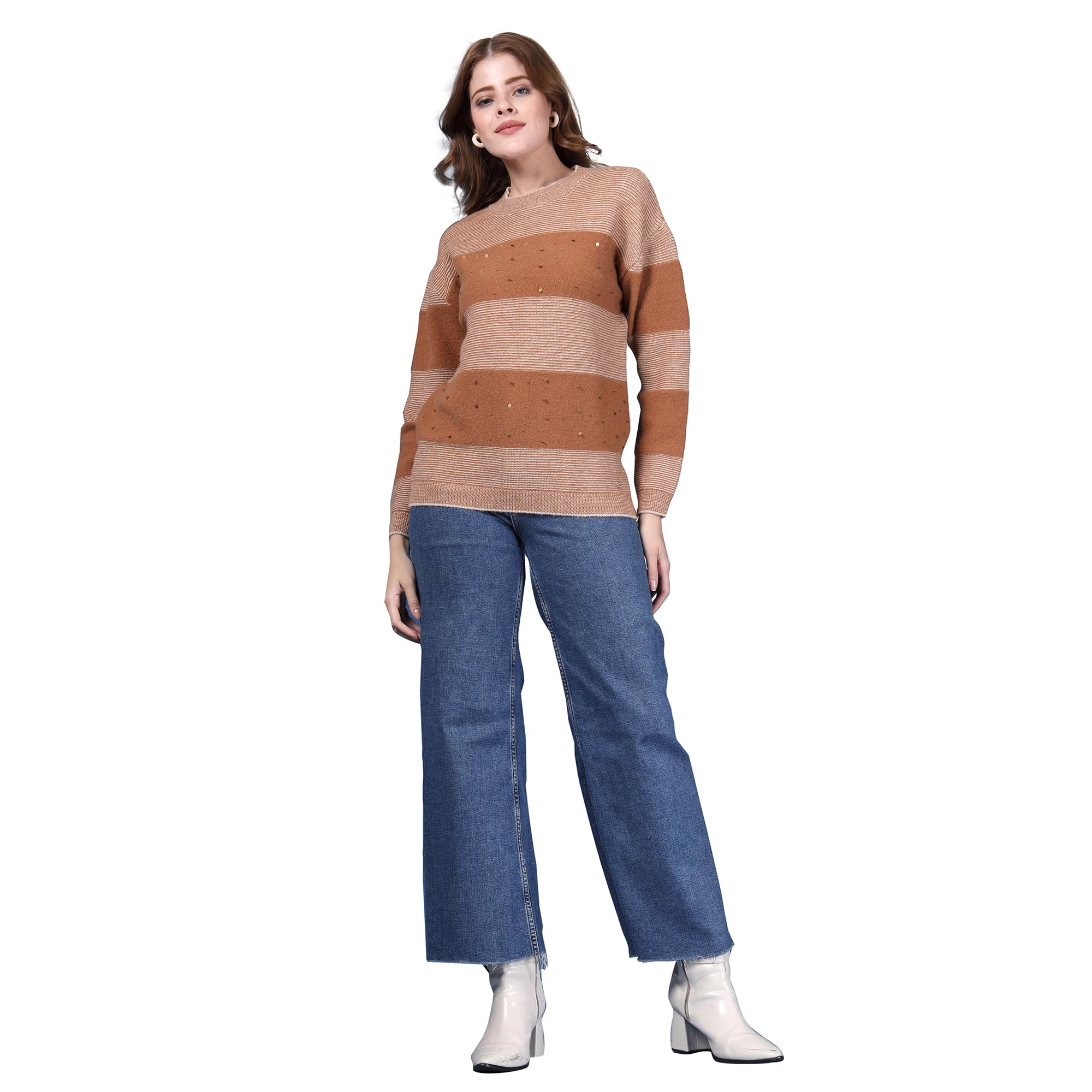 Women Colourblocked Round Neck Woollen Pullover Brown_T5W 25216-image-47