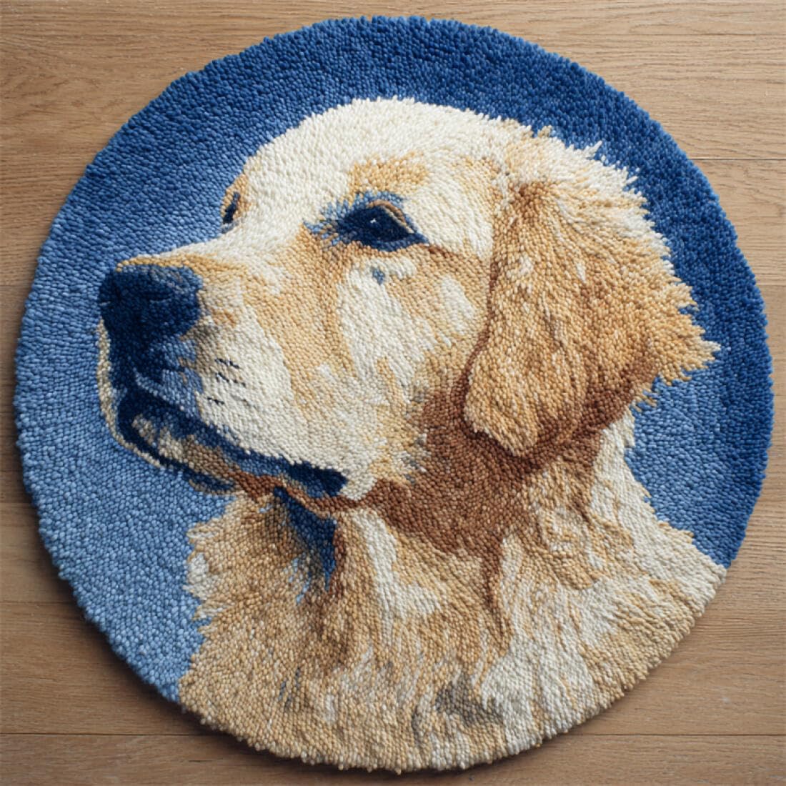 Rqwybcaxn DIY Latch Hook Rug Making Kits for the Elderly Animal Embroidery Set Golden Retriever Portrait 100x100cm Round Tapestry with Crochet Hook Hallway Craft Gift