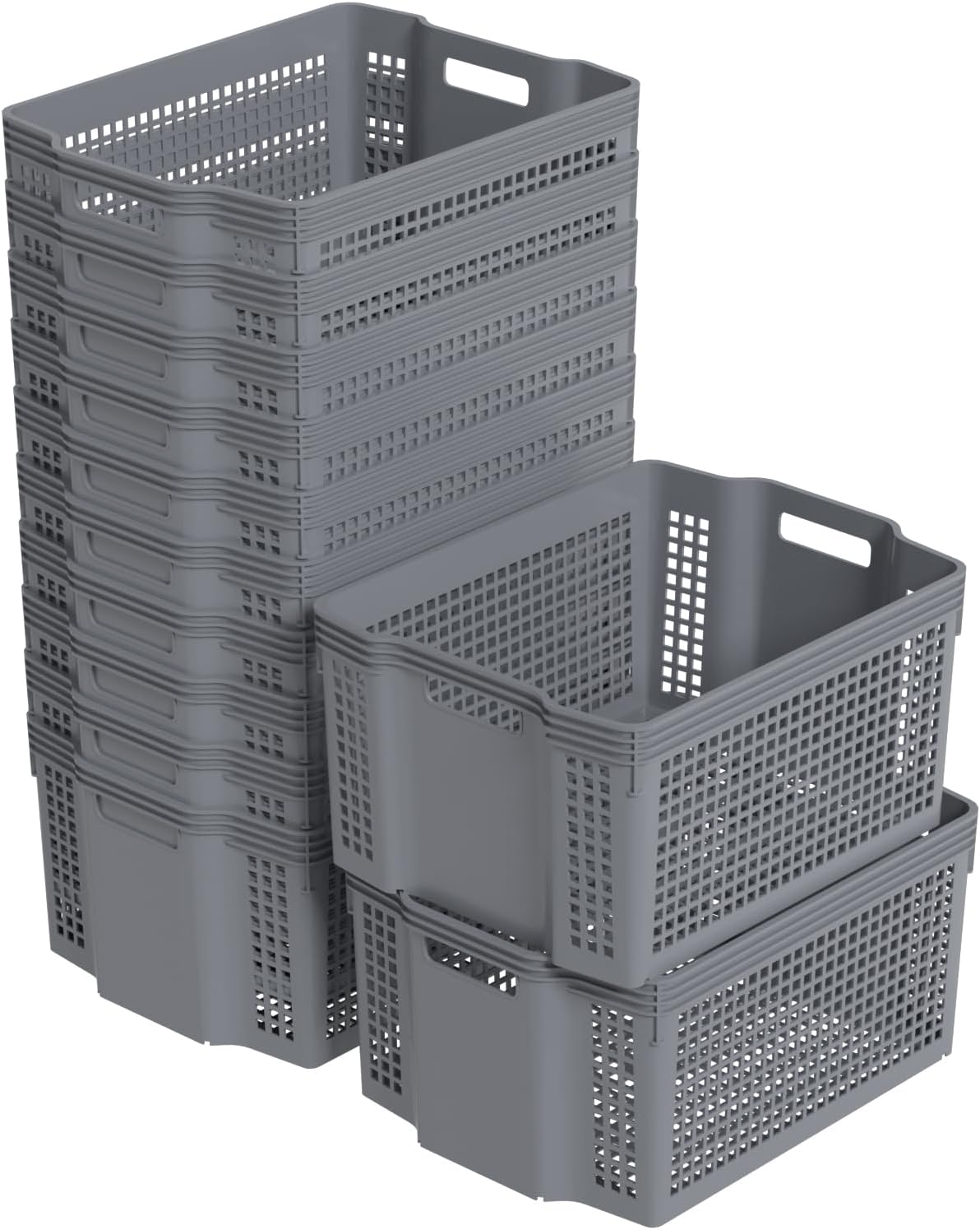 12 Pack Large Plastic Stackable Baskets Organizer, Grey Stacking Storage Basket Bin for Pantry, Shelves