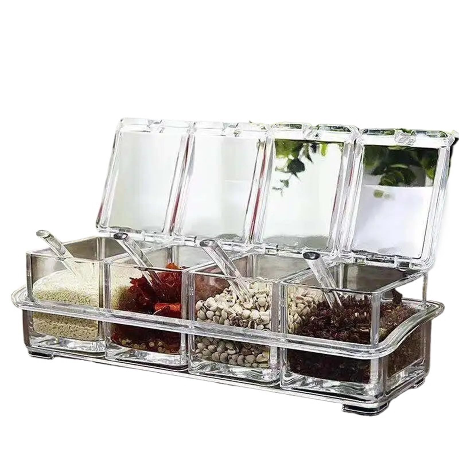 UBOHUZ Four Compartment Seasoning Box With Spoon, Lid, And Storage Base, Used For Salt, Sugar, And Pepper for Salt Sugar Spice Pepper