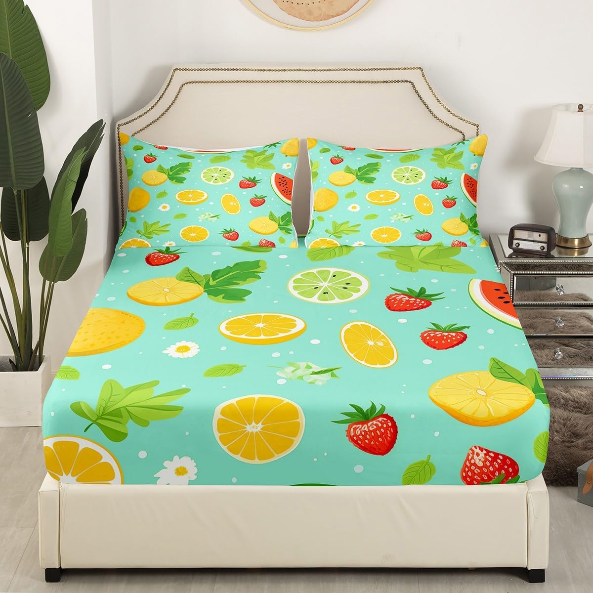 Erosebridal Green Leaf Fitted Sheet White and Green Full Sheets Botanical Theme Bed Sheets,Graffiti Cartoon Bed Cover Adults Men Women Microfiber Bedroom Décor 3 Piece