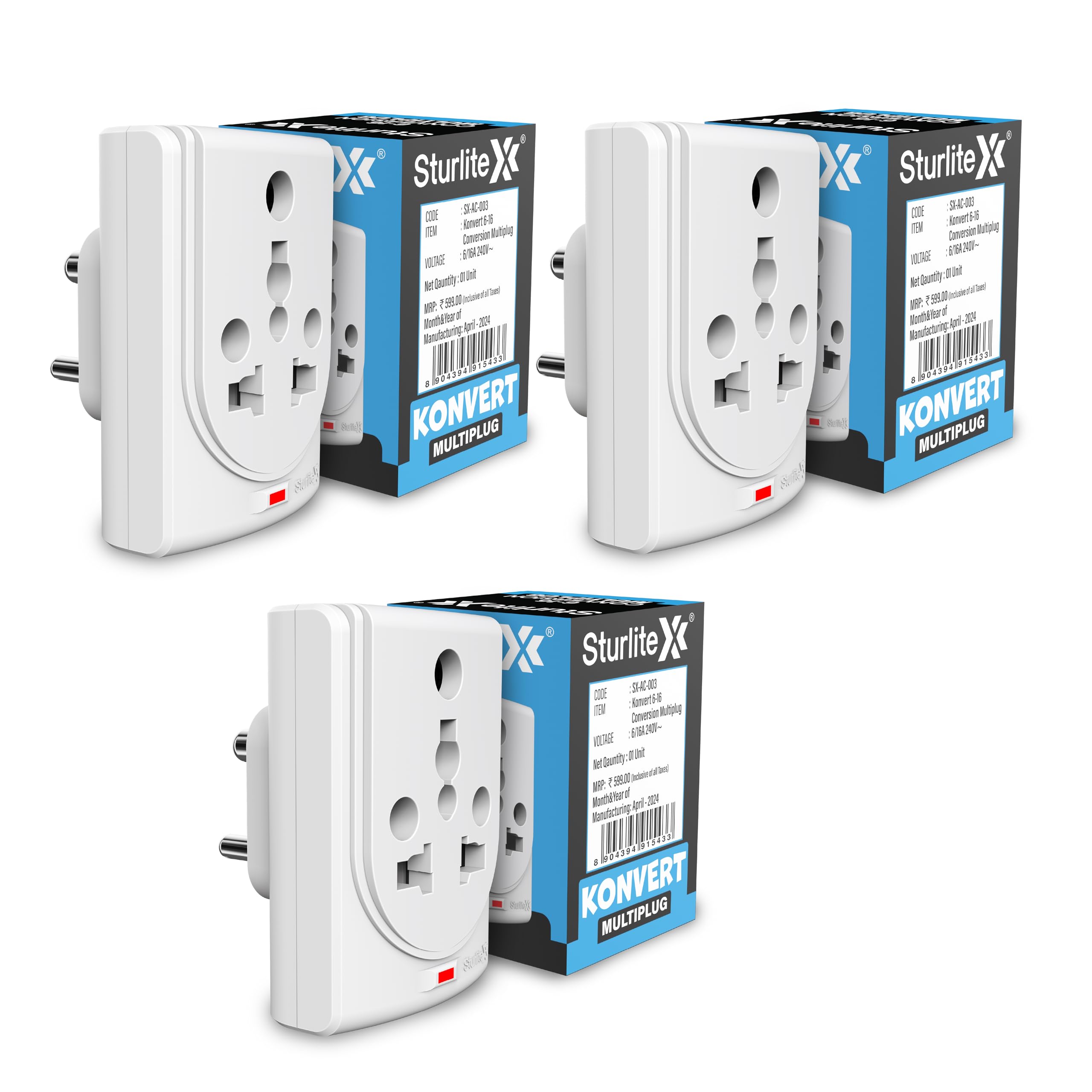 Sturlite Konvert Multiplug| 6-16 Conversion| Universal AC Travel Adapter|6Amp 240V| ABS Strong Body Socket (Pack of 3)-image-38