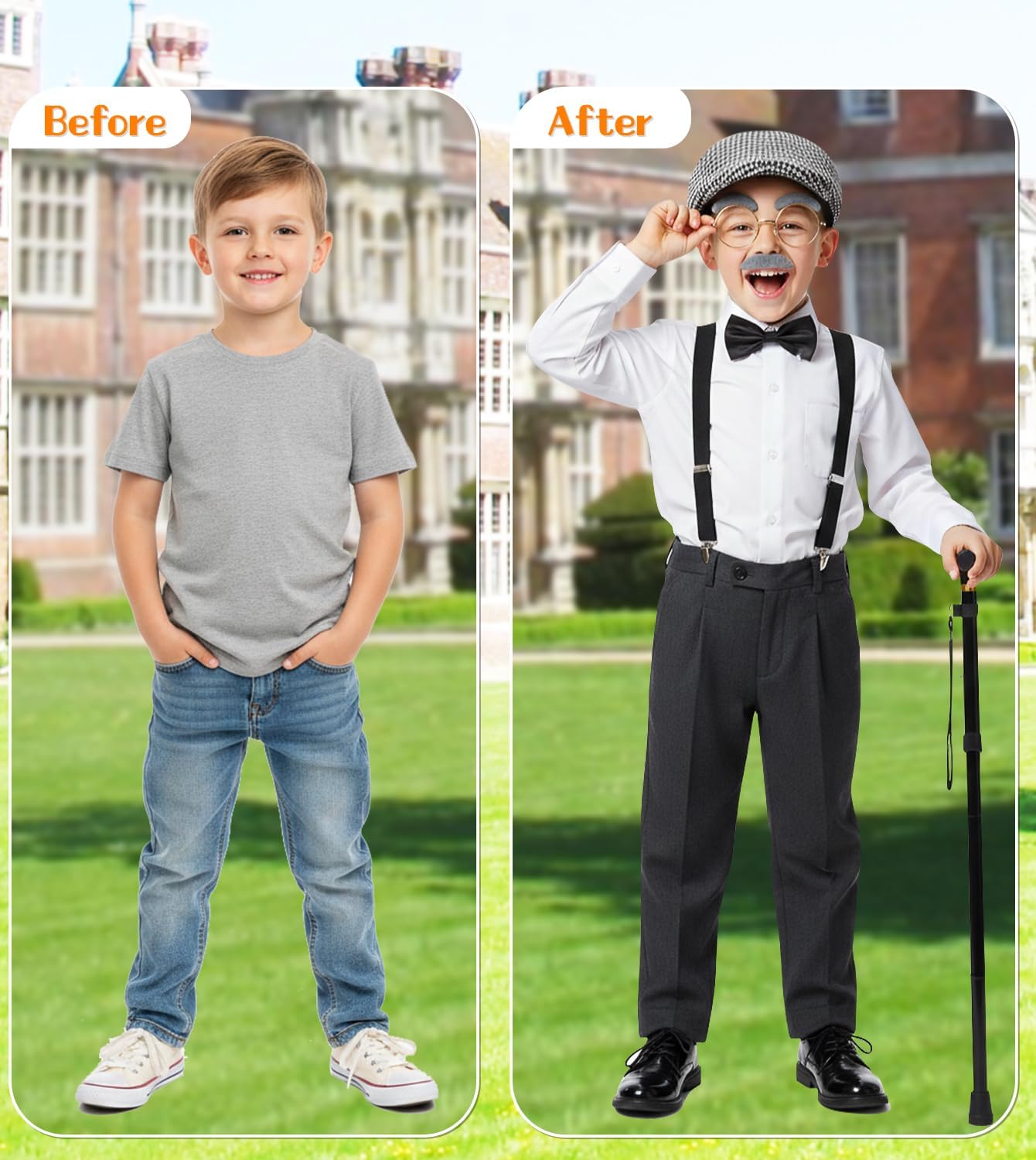 Old Man Costume for Kids–100 Days of School Costume with Hat,Glasses,Suspenders & Cane - Image 5