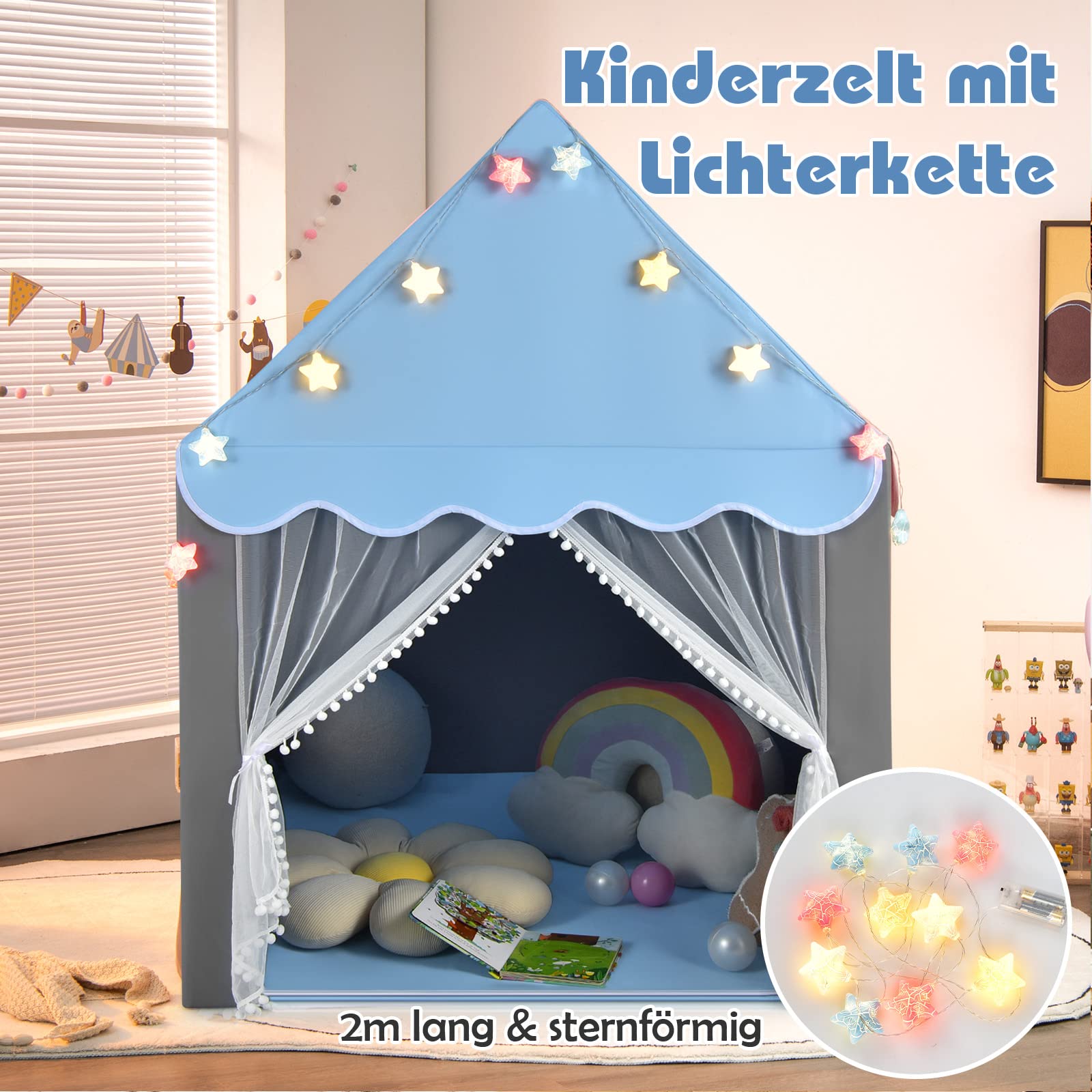 DREAMADE Kinderspielzelt Spielzelt für Kinder mit gepolsterter Decke und Lichterkette, Kinder Spielhaus mit Netzvorhang und Fenstern, Kinderzelt für Jungs & Mädchen, für Indoor und Outdoor (Blau)