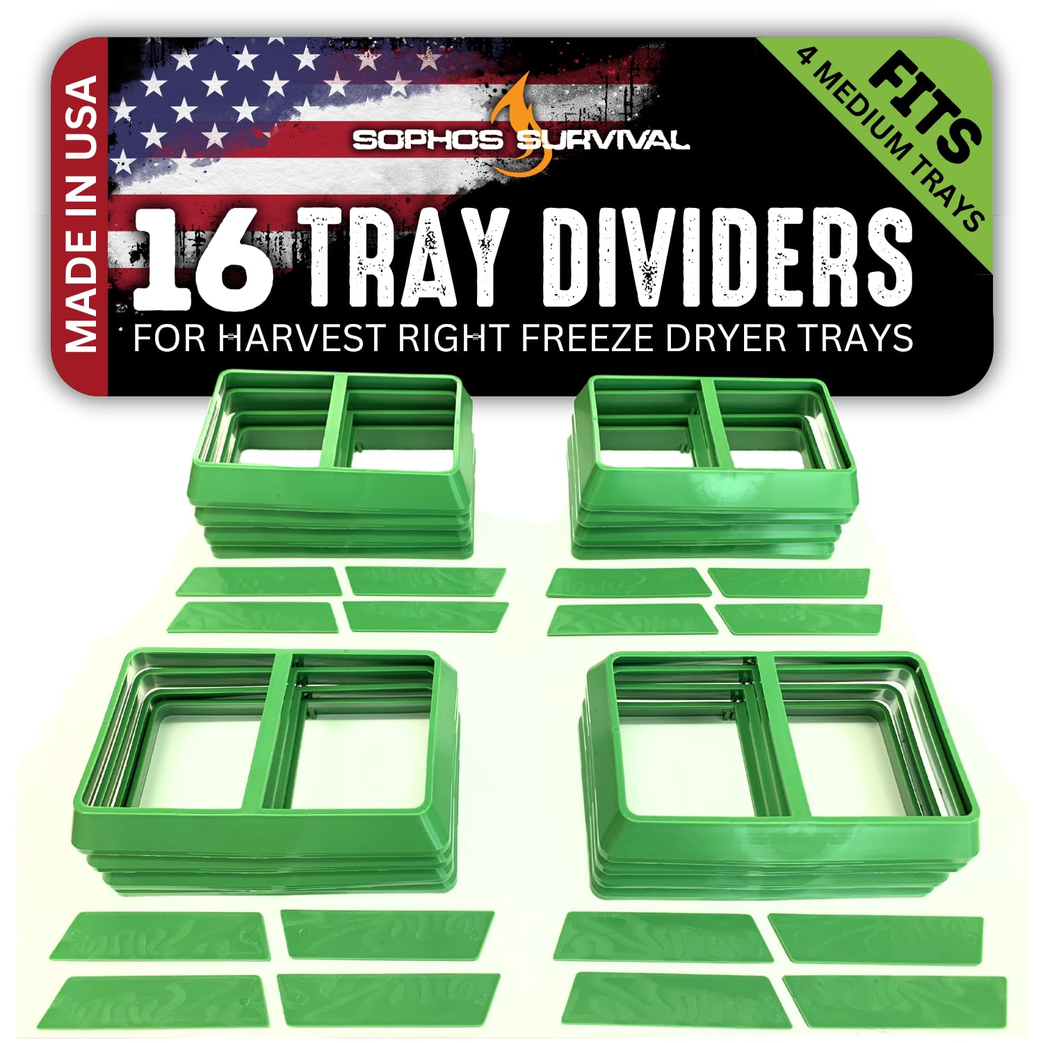 Tray Dividers for Harvest Right Freeze Dryer Tray (Green, Set of 16 - Fits 4 Medium Trays)